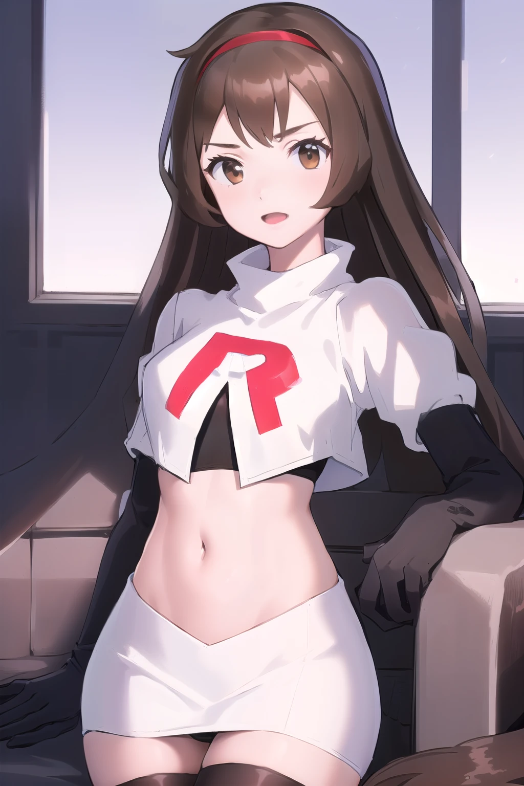 masterpiece, best quality, portrait, 1girl, long hair, brown hair, brown eyes ,team rocket,team rocket uniform, red letter R, white skirt,white crop top,black thigh-highs, black elbow gloves,