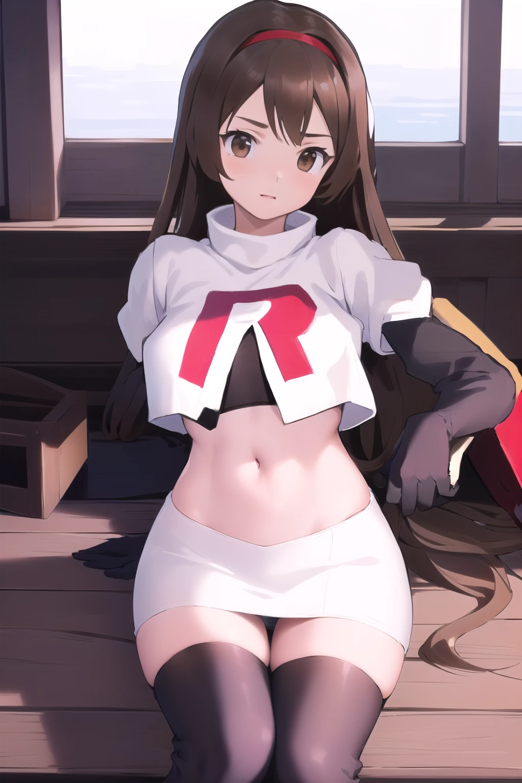 masterpiece, best quality, portrait, 1girl, long hair, brown hair, brown eyes ,team rocket,team rocket uniform, red letter R, white skirt,white crop top,black thigh-highs, black elbow gloves,