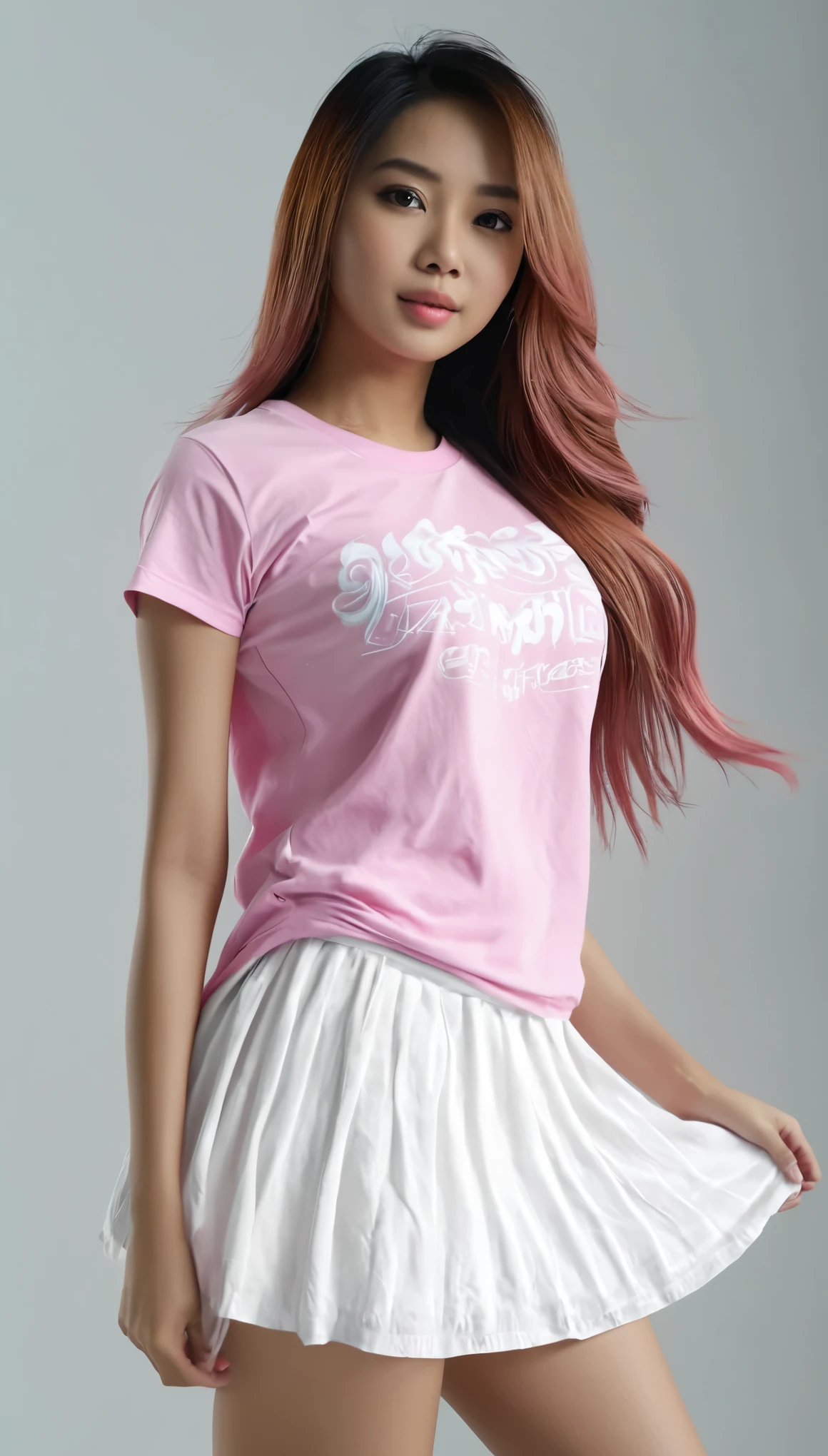 Beautiful slightly fat Indonesian girl with long flowing hair, mixed color pink and white, wearing a short t-shirt, short skirt, background and atmosphere adjust, realistic and sharp intricate details, ultra HD 16k, wide angle