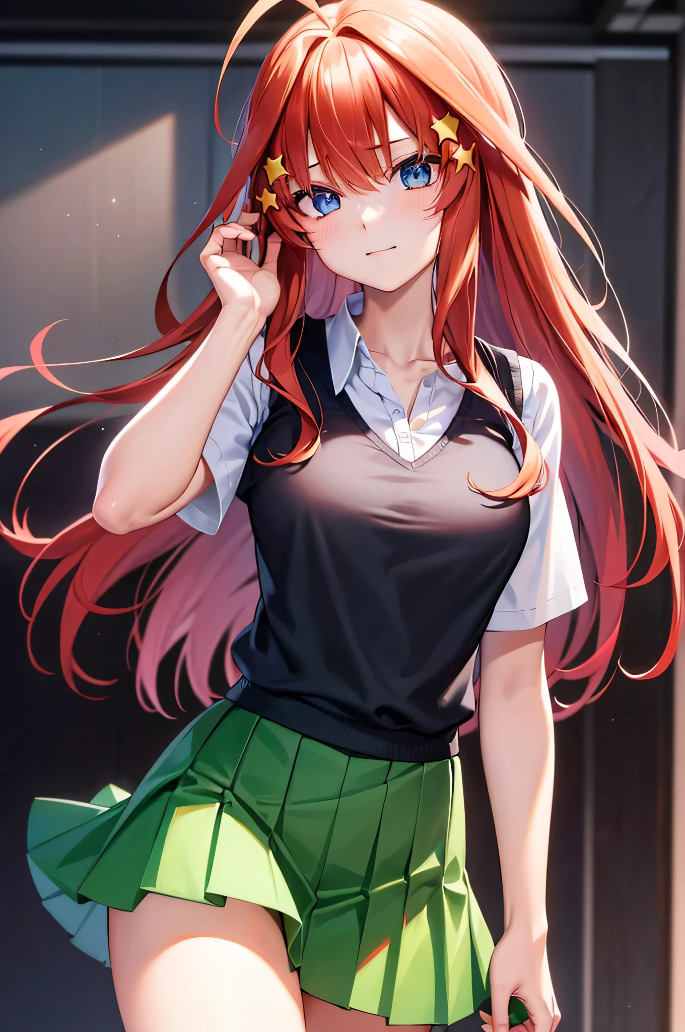 Satsuki Nakano, Itsuki Nakano, bangs, blue eyes, hair between eyes, Ahoge, redhead, star \(symbol\), hair ornaments, star hair ornament,
break skirt, shirt, School uniform, clavicle, 白のshirt, short sleeve, pleated skirt, socks, 襟付きのshirt, mini skirt, knee high, white socks, green skirt, sweater vest, Red sweater vest,
Rest indoors, School, classroom,
break looking at viewer, break (table top:1.2), highest quality, High resolution, unity 8k wallpaper, (shape:0.8), (fine and beautiful eyes:1.6), highly detailed face, perfect lighting, Detailed CG, (perfect hands, perfect anatomy),