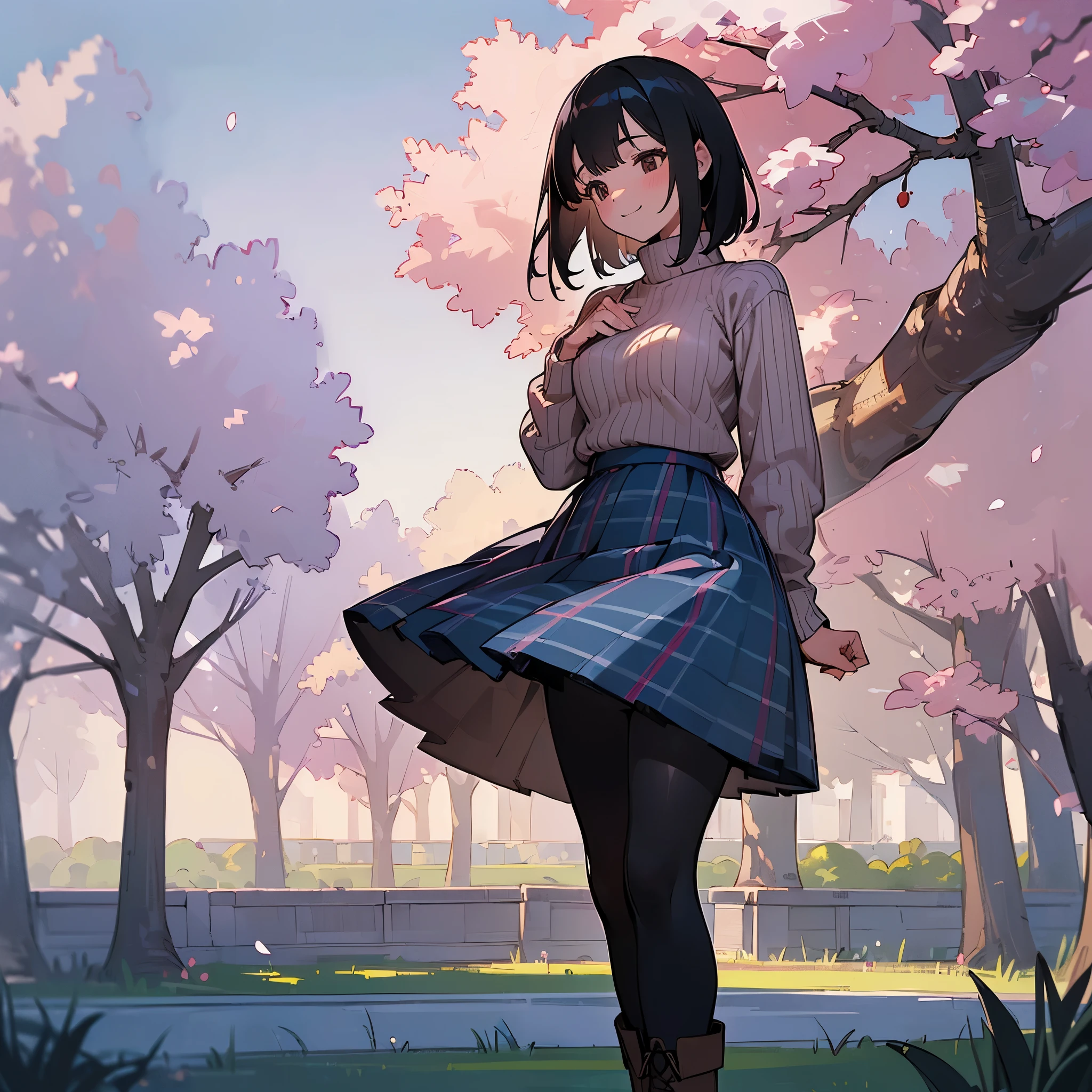 (high quality, High resolution, Super detailed, reality:1.37), peaceful atmosphere, (outdoors, garden ,Cherry tree), teenage girl standing alone, (my breasts are big.), Beautiful detail features, cute smile, (black bob hair), ribbed sweater, blue plaid skirt, black tights, brown boots.