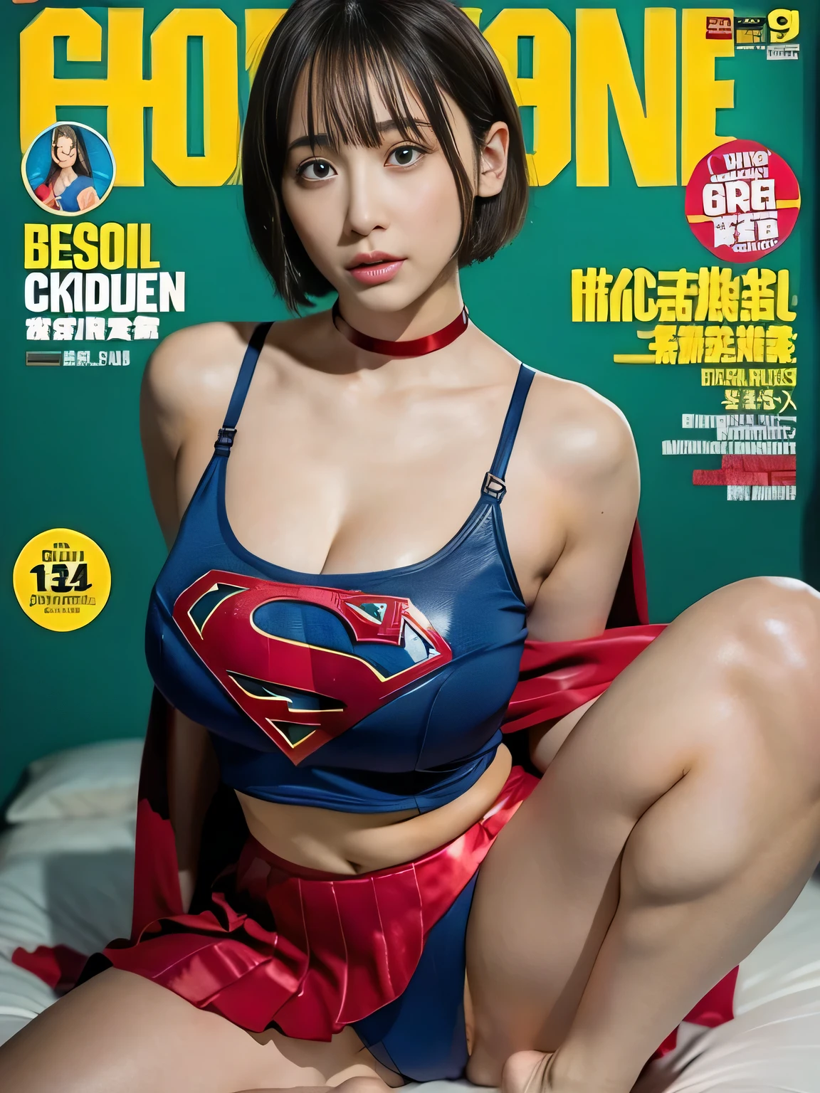 masterpiece、supergirl costume、short hair、barefoot、big and full breasts、human experiment subjects、Research room、operating table、Crisis situation、spread your legs wide、choker、shiny、looking at camera、Seduce、choker、long sleeve、red tight skirt、Weekly magazine cover、model body shape、realistic、beautiful athlete、