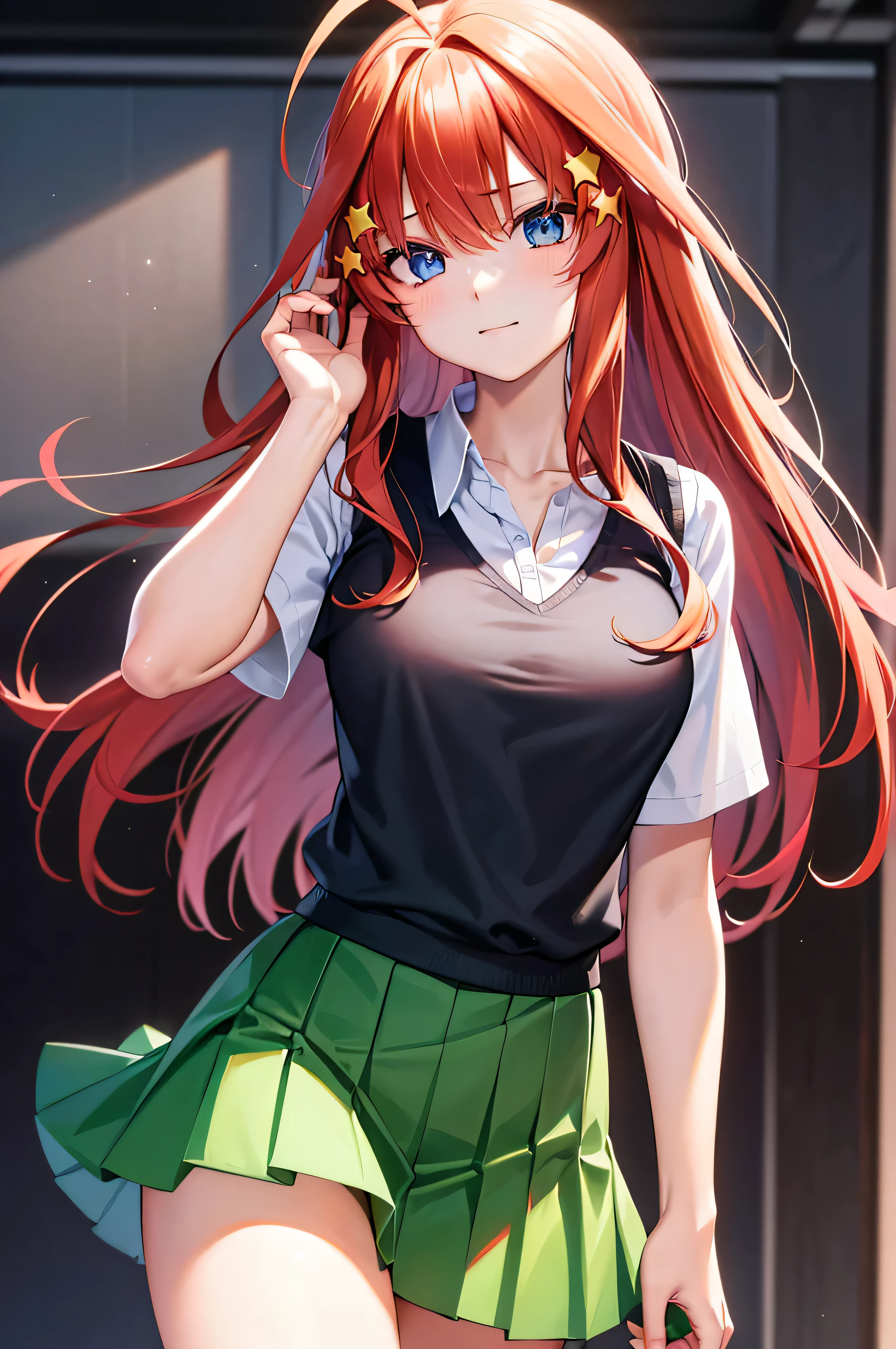 Satsuki Nakano, Itsuki Nakano, bangs, blue eyes, hair between eyes, Ahoge, redhead, star \(symbol\), hair ornaments, star hair ornament,
break skirt, shirt, School uniform, clavicle, 白のshirt, short sleeve, pleated skirt, socks, 襟付きのshirt, mini skirt, knee high, white socks, green skirt, sweater vest, Red sweater vest,
Rest indoors, School, classroom,
break looking at viewer, break (table top:1.2), highest quality, High resolution, unity 8k wallpaper, (shape:0.8), (thin and beautiful eyes:1.6), highly detailed face, perfect lighting, Detailed CG, (perfect hands, perfect anatomy),