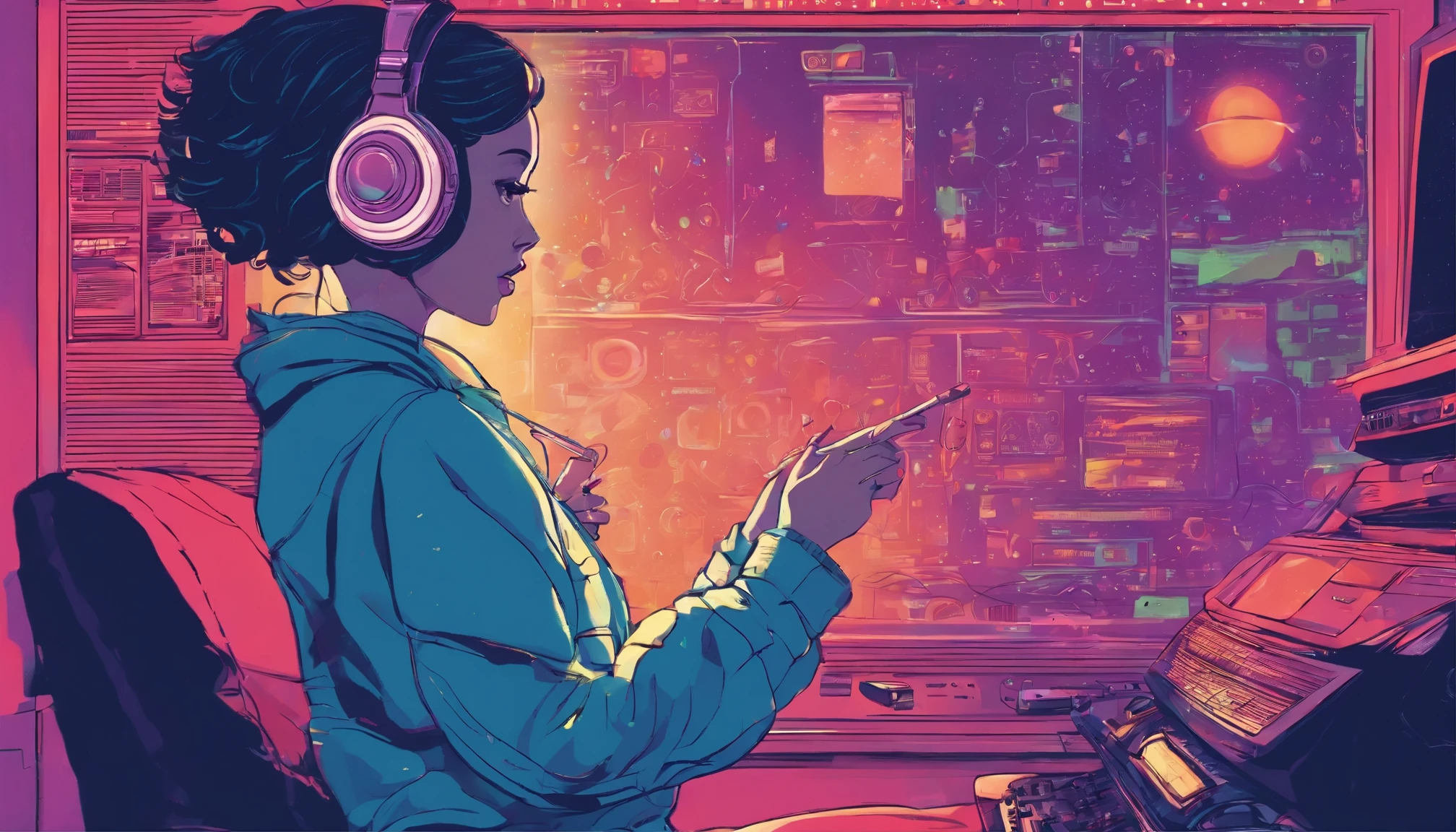 Girl listening to music in a cozy room at night, Usando fones de ouvido, Anime estilo 2D, Lo-fi, hd