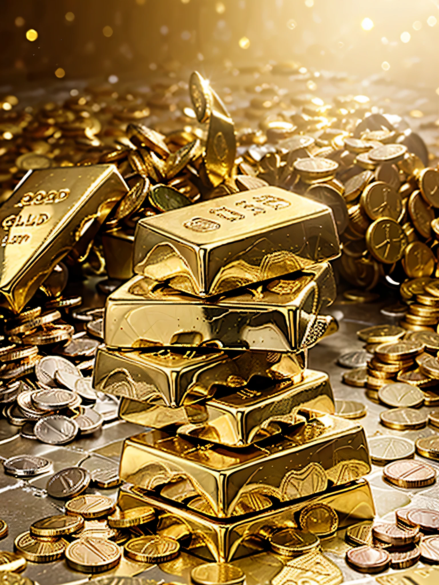 a close up of a pile of gold bars and coins, gold metals, gold and silver and brass, in the background of gold, precious metals, gold and silver, gold and treasure, gold encrustations, looming over a horde of gold, gold silver, gilded with gold, has gold, futuristic precious metals, shades of gold display naturally, gold metal, precious metal