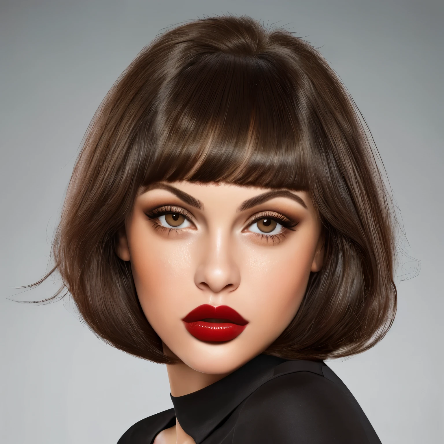 Hermosa chica de cara bonita, pelo negro con flequillo, large brown eyes, boca chiquita y con labial rojo.