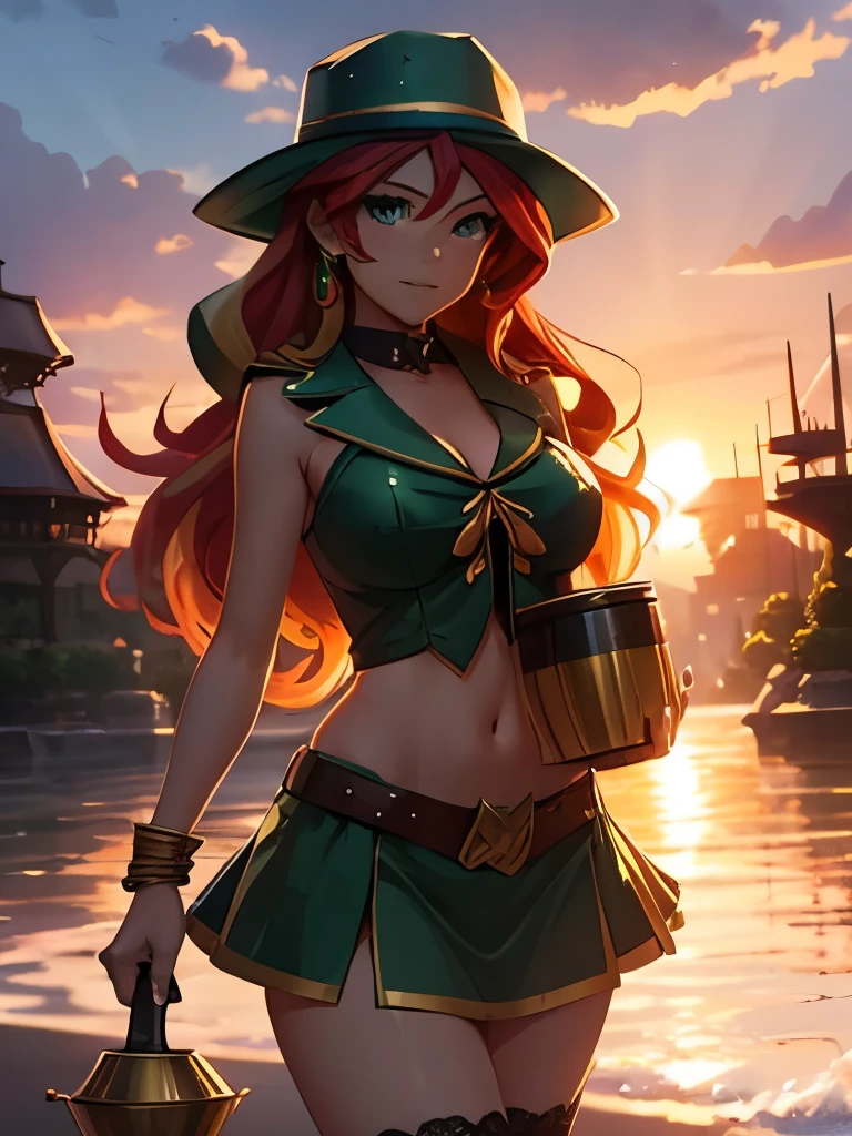 sunset shimmer dressed as a sexy leprechaun holding a pot of gold, ((rainbow in the background)), gold coins, wearing a green derby hat