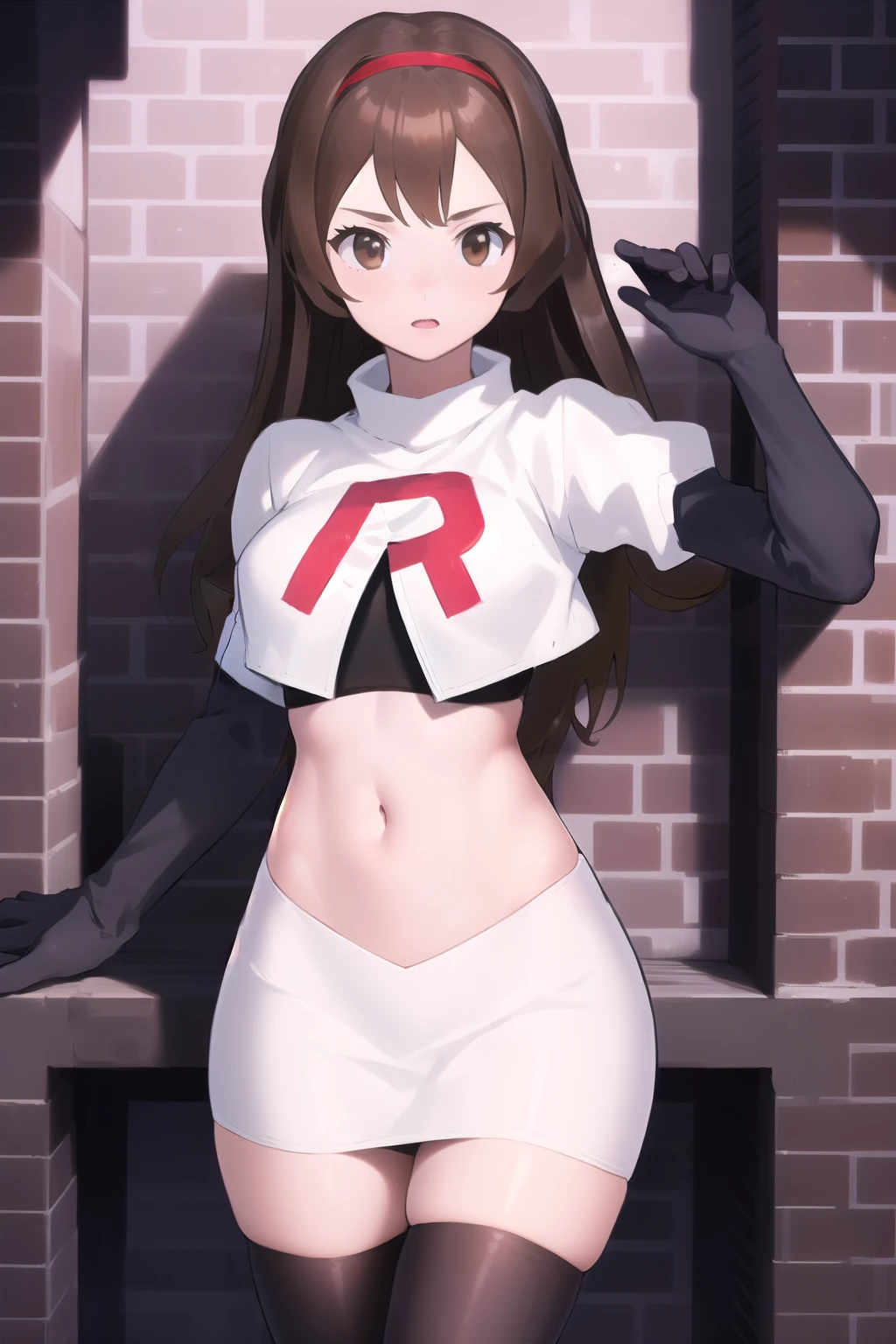 masterpiece, best quality, portrait, 1girl, long hair, brown hair, brown eyes ,team rocket,team rocket uniform, red letter R, white skirt,white crop top,black thigh-highs, black elbow gloves,