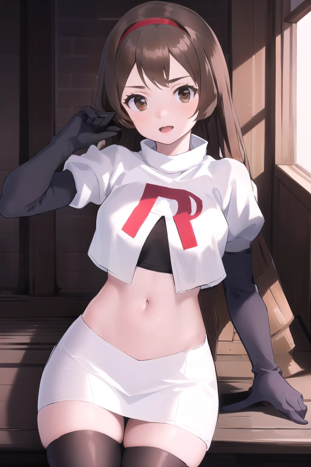 masterpiece, best quality, portrait, 1girl, long hair, brown hair, brown eyes ,team rocket,team rocket uniform, red letter R, white skirt,white crop top,black thigh-highs, black elbow gloves,