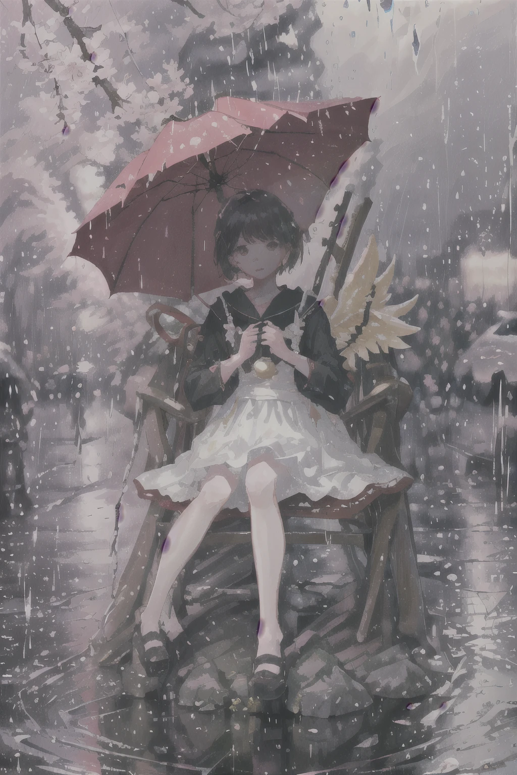 cherry blossoms are washed away by the rain、it&#39;s raining、cloudy、It&#39;s reflecting、have an umbrella。An angel who wants to die is sitting looking down.、