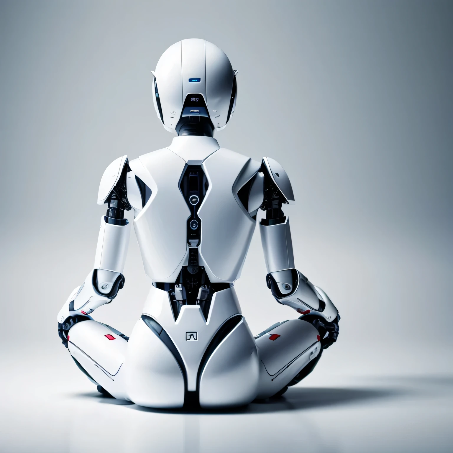 robot with back and legs crossed meditating in white room, realista, photographic, detalhado, 8k