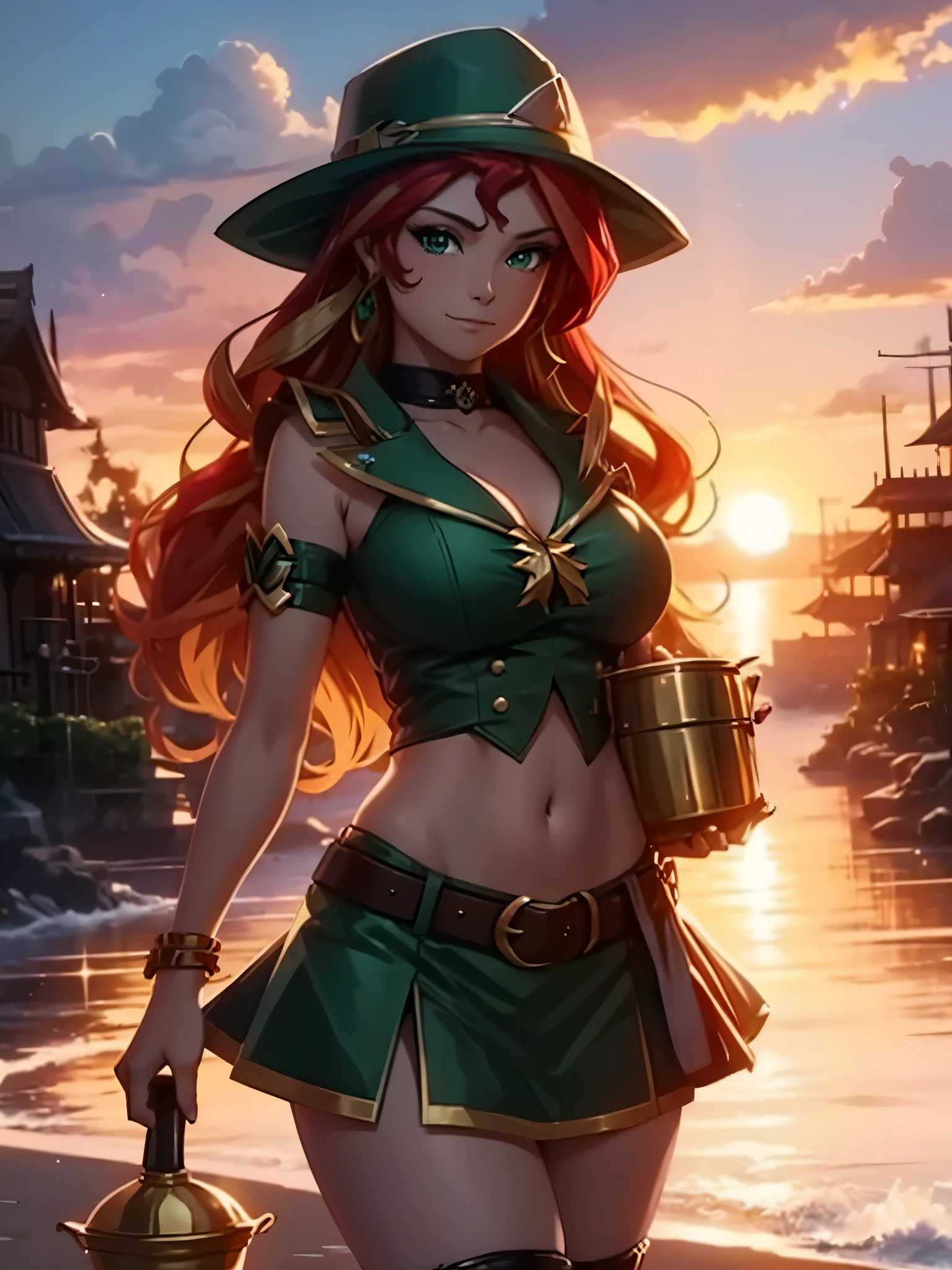 sunset shimmer dressed as a sexy leprechaun holding a pot of gold, ((rainbow in the background)), gold coins, wearing a green derby hat