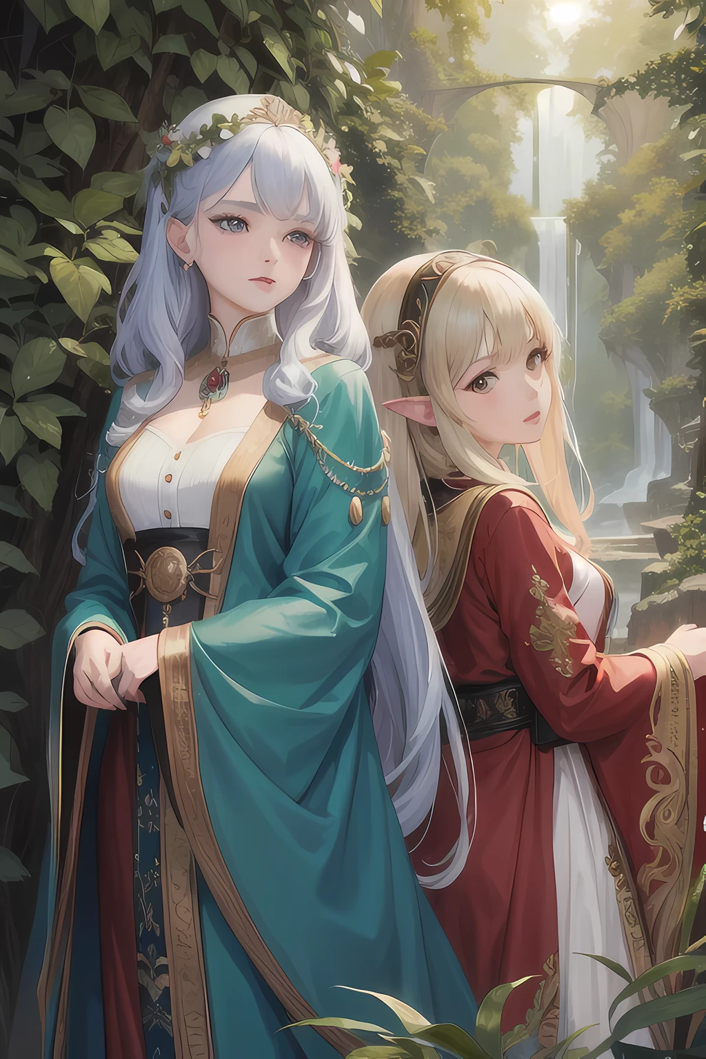 highres, ultra detailed, (masterpiece, top quality, best quality, official art, beautiful and aesthetic:1.2), (ultra-detailed background, detailed background), extremly detailed, ultra detailed face, ulta detailed eyes, 2 elfs girls in the forest, ornate clothes, portrait