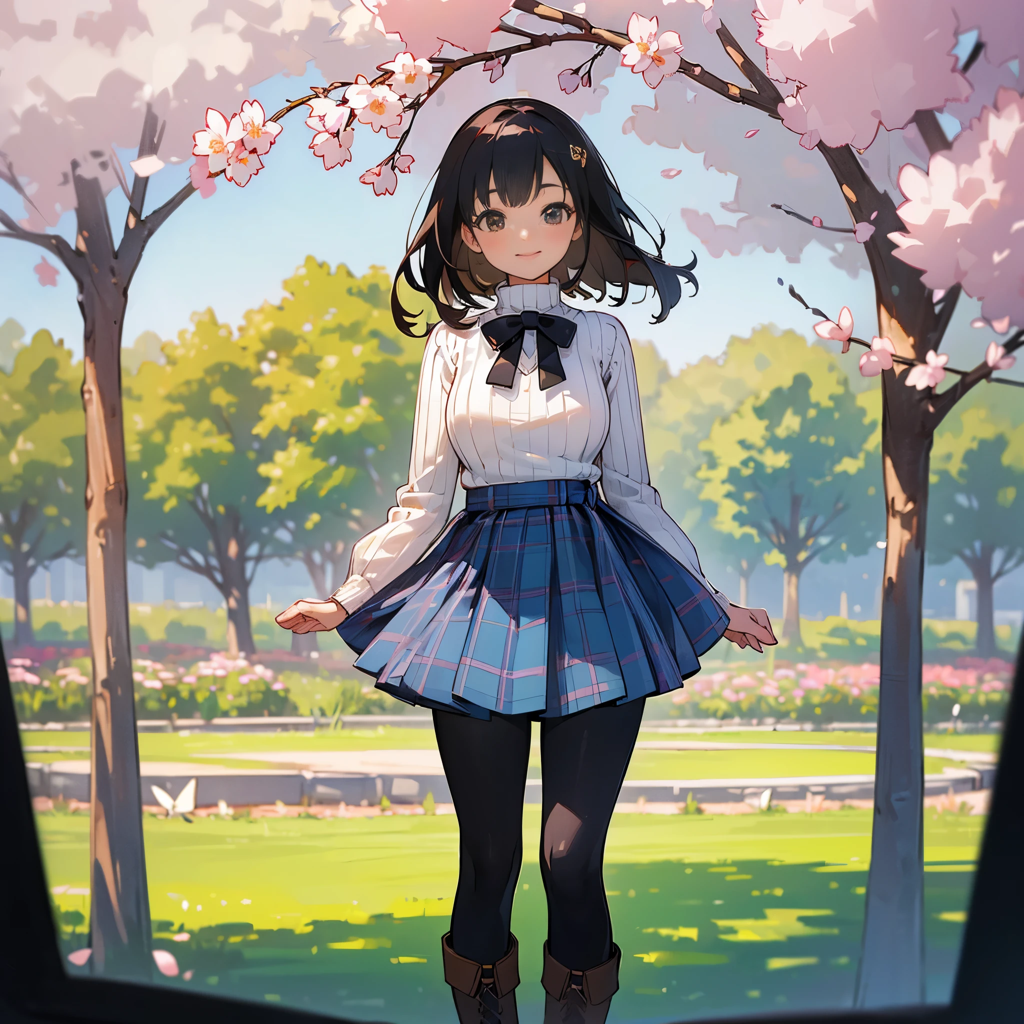 (high quality, High resolution, Super detailed, reality:1.37), peaceful atmosphere, (outdoors, garden ,Cherry tree), teenage girl standing alone, (my breasts are big.), Beautiful detail features, cute smile, (black bob hair), ribbed sweater, blue plaid skirt, black tights, brown boots.