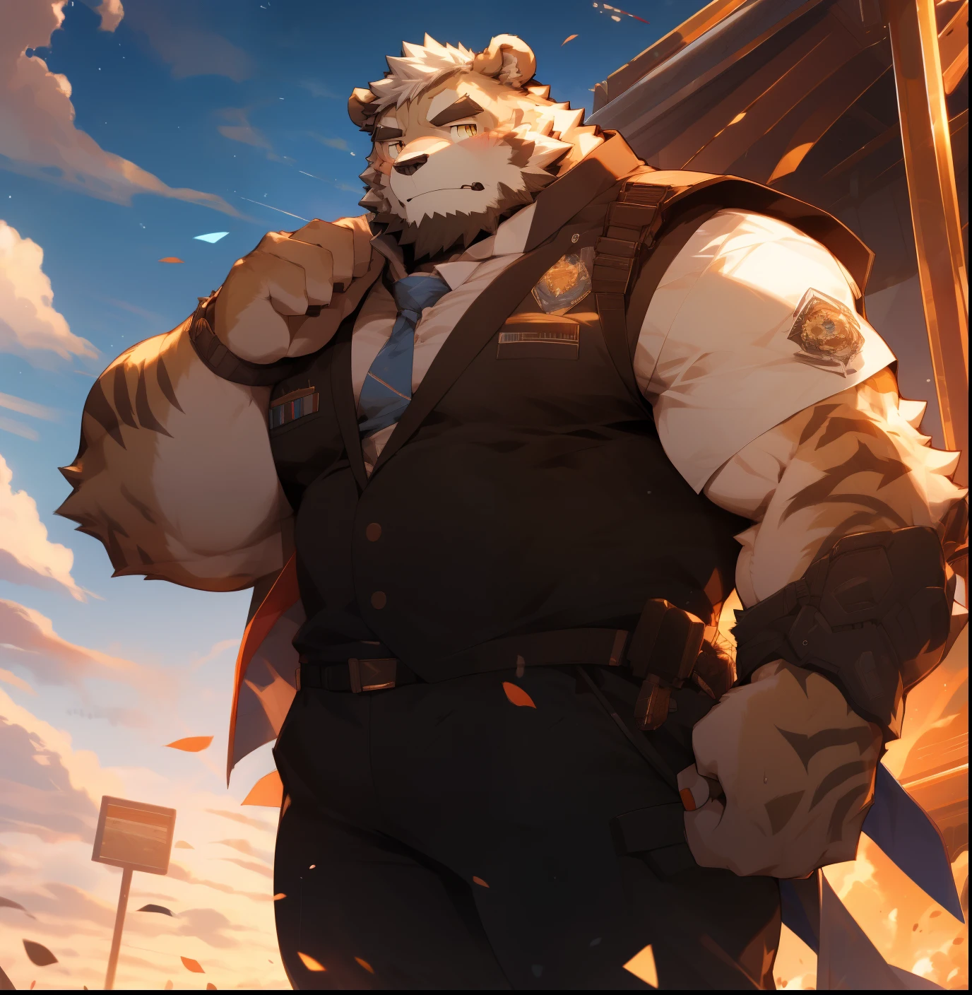 masterpiece,night,anthropomorphic bear,(((white hair))),male,26 years old,thick eyebrows,Light-colored fur,Strong body,Large pecs,(((Future mecha,special forces uniform,modern weapons,))),站在battlefield上,Adjust weapons,dark night,light,Legs sweat,serious,Emotional stress,looking towards the viewer,eye contact,golden pupils,big eyes,Strong,在战火蔓延的battlefield上,Full body image,The sky is clouded over,cloudy day,battlefield,Broken viewing platform,战争侵略的battlefield,detailed background,(((Detailed character description))),