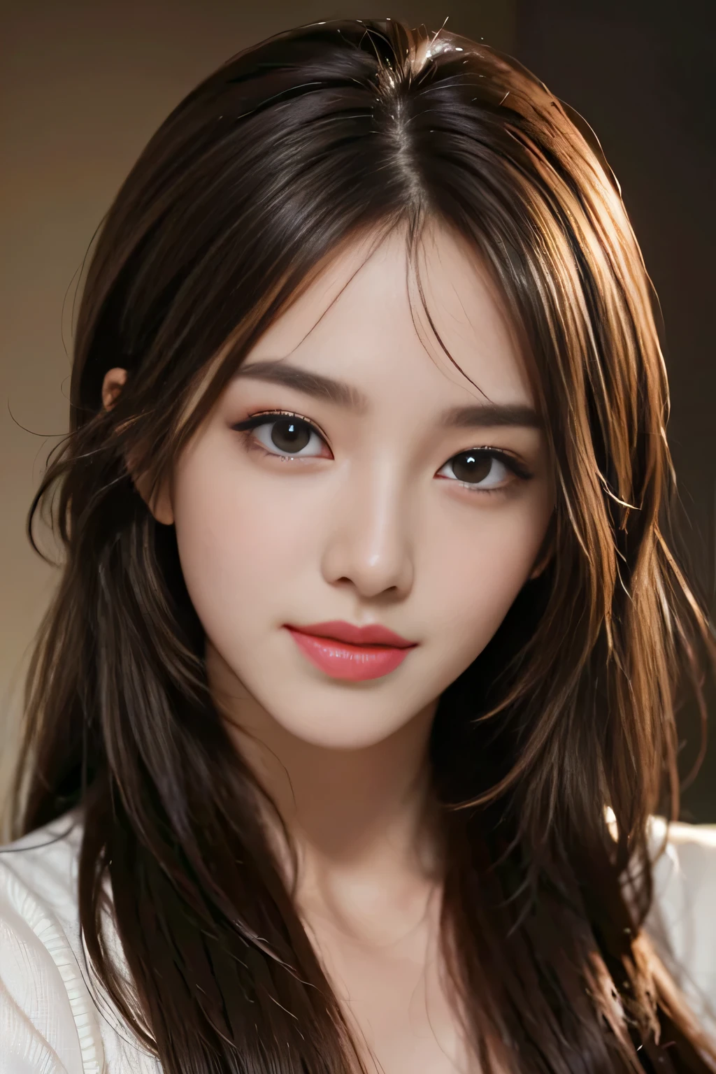 table top, highest quality, realistic, Super detailed, finely, High resolution, 8k wallpaper, 1 beautiful woman,, light brown messy hair, wearing a business suit, sharp focus, perfect dynamic composition, beautiful and detailed eyes, thin hair, Detailed realistic skin texture, smile, close-up portrait, model body shape