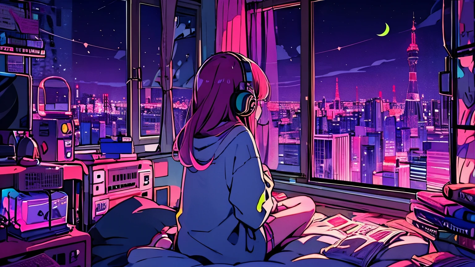 (from behind), Anime girl sitting in front of a computer in a cozy bedroom, girl listening to music in a cozy room (night), Using headphones, on the roof, (beautiful night views from windows), lots of things, 2D anime style, The aesthetics of anime in the 90s, lo-fi, very detailed, hard disk, A mix of anime style and Fujifilm, surreal, 8k, masterpiece