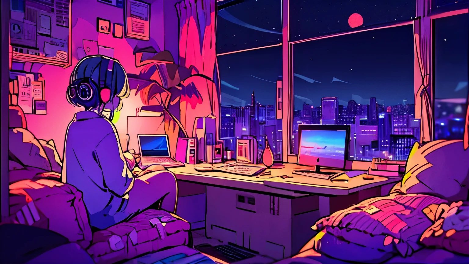 (from behind), Anime girl sitting in front of a computer in a cozy bedroom, girl listening to music in a cozy room (night), Using headphones, on the roof, (beautiful night views from windows), lots of things, 2D anime style, The aesthetics of anime in the 90s, lo-fi, very detailed, hard disk, A mix of anime style and Fujifilm, surreal, 8k, masterpiece