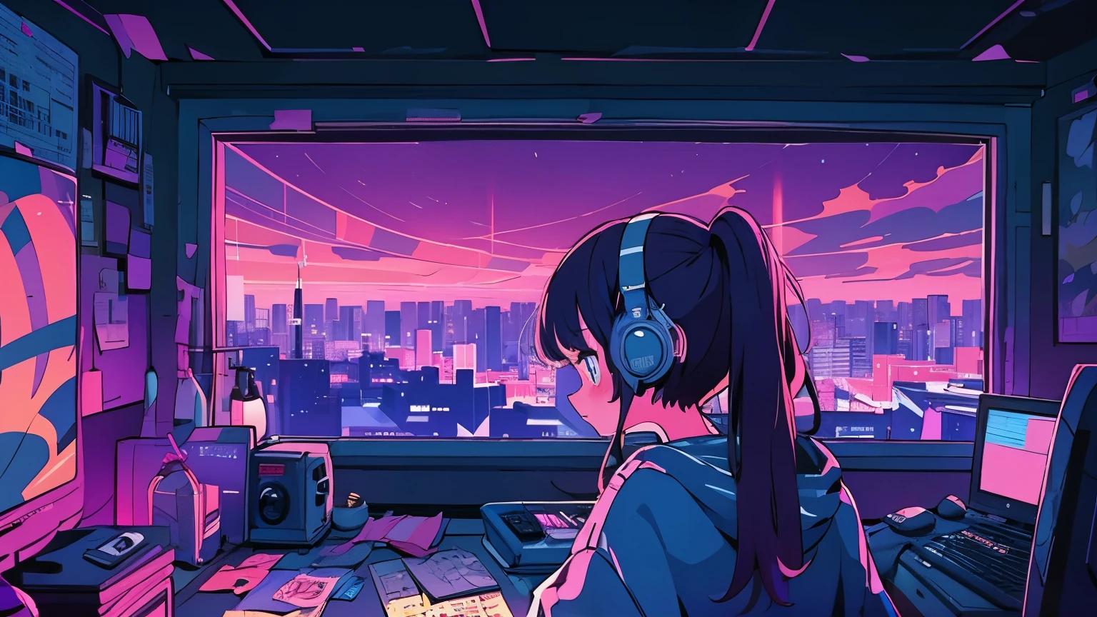 (from behind), Anime girl sitting in front of a computer in a cozy bedroom, girl listening to music in a cozy room (night), Using headphones, on the roof, (beautiful night views from windows), lots of things, 2D anime style, The aesthetics of anime in the 90s, lo-fi, very detailed, hard disk, A mix of anime style and Fujifilm, surreal, 8k, masterpiece