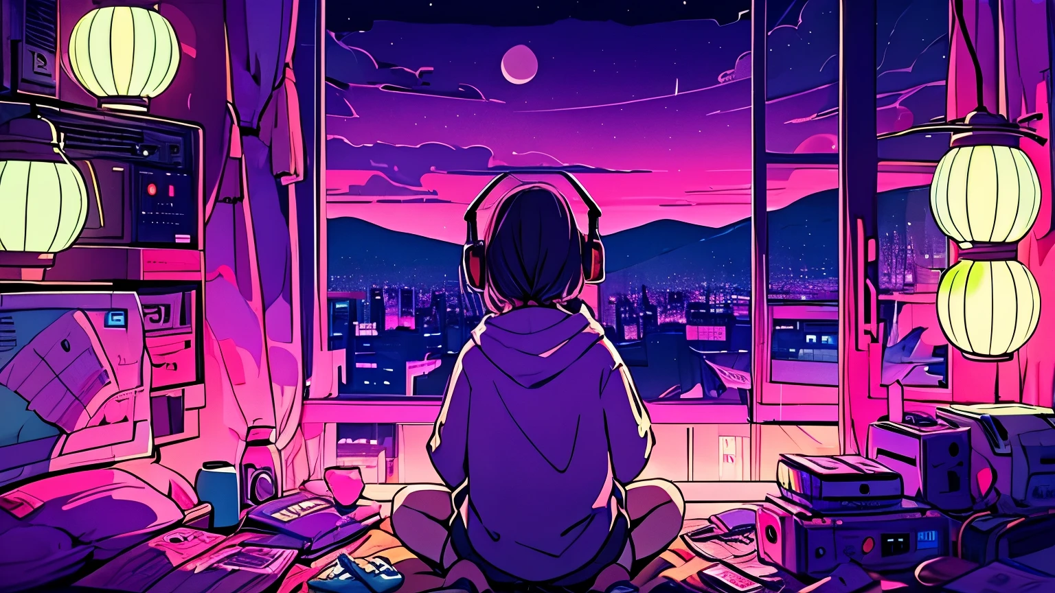 (from behind), Anime girl sitting in front of a computer in a cozy bedroom, girl listening to music in a cozy room (night), Using headphones, on the roof, (beautiful night views from windows), lots of things, 2D anime style, The aesthetics of anime in the 90s, lo-fi, very detailed, hard disk, A mix of anime style and Fujifilm, surreal, 8k, masterpiece