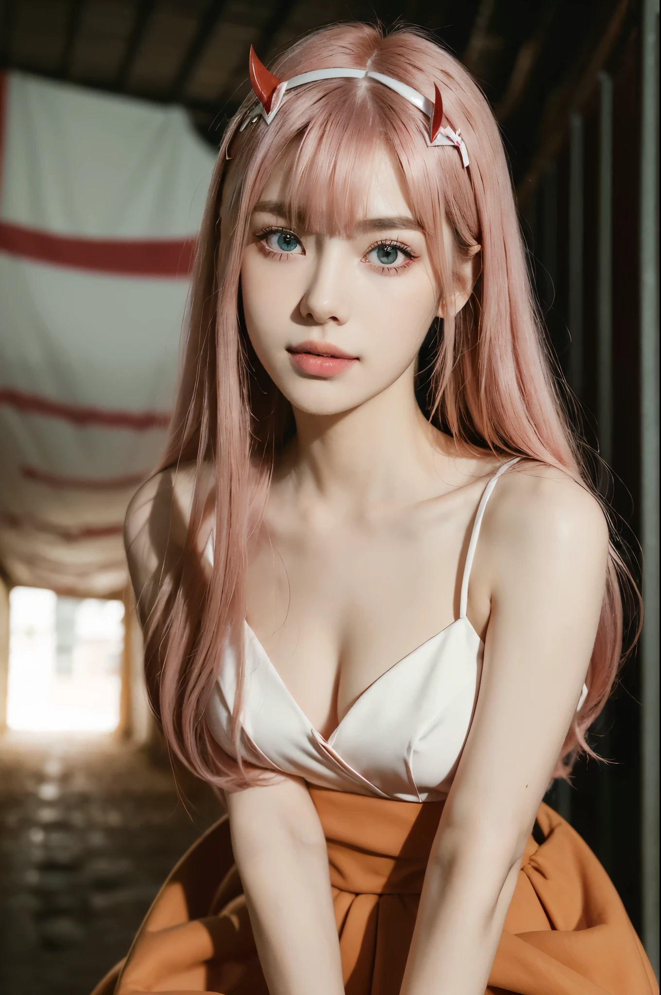 4k, raw camera, highres, masterpiece, portrait, aesthetic, beautiful, best quality, highly detaile, best quality clothing, aesthetic clothings, professional angle, rule of thirds, Feminine, delicate, beautiful, 19 years, attractive, solo, 1 girl, (Zero Two), (In an alley), (Upper Body, Close Up), ((From Looking at Viewer)), (Low Lighting), ((Smiling)), (Long Hair, Pink Hair, Very Straight Hair, Bangs, Blunt Bangs Hair, Little Red Oni Horns in hair), (Open Eyes, Aqua Eyes, DarkPink Eyeliner in Eyes, Very Cheerful Gaze), Soft Skin, (-), ((Standing, (Leaning Forward), Straight-On)), Beautiful Teeth, Perfect Teeth, White HairBand, (Half Open Mouth), (Natural Lipedium Breast), ((Arms Behind Back, Hands Behind Back)), (Red Military Uniform, Full Black Tights, Necktie, Orange Necktie, Opaque Clothing, High Quality Clothing), (No Neckline), beautiful body, beautiful eyes, shiny eyes, shiny hair, beautiful mouth, beautiful lips, beautiful face, hd, matt suit