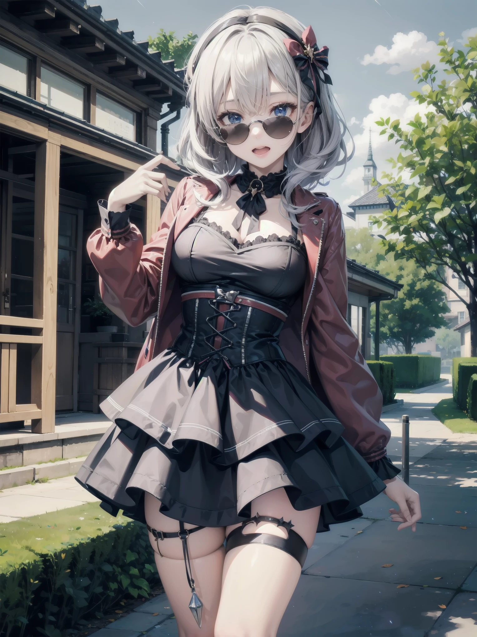 Super beautiful illustration、、kawaii girl、complex、finely eye、Realistic skin texture、Outstanding looks、、adolable、Smooth hair、Cute gesture、Mocking Pose、doress、long-sleeve、With collar、Long length skirt、corsets、Cute socks、cowboy  shot、outside of house、Beautiful park、Three-dimensional、Deep background、Well built building、