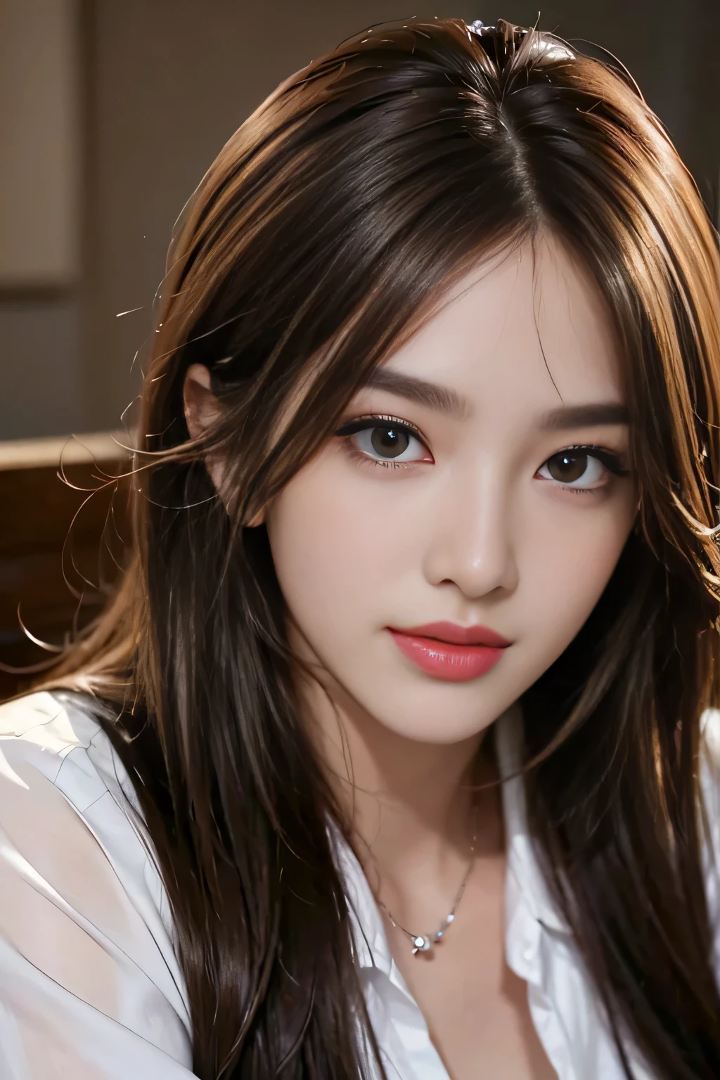 table top, highest quality, realistic, Super detailed, finely, High resolution, 8k wallpaper, 1 beautiful woman,, light brown messy hair, wearing a business suit, sharp focus, perfect dynamic composition, beautiful and detailed eyes, thin hair, Detailed realistic skin texture, smile, close-up portrait, model body shape