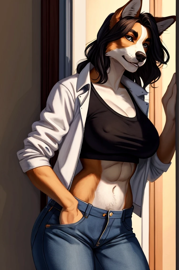 By bebebebebe, by lostgoose, by goonie-san, (by spuydjeks), solo, female, standing, canine, (border collie, detailed eyes), ((snout, hair)), (tan fur), wavy hair, black hair, big breasts, hands behind back, looking at viewer, English city, brown townhouses, standing in the city, (high-waisted black jeans), crop shirt, jacket, abs