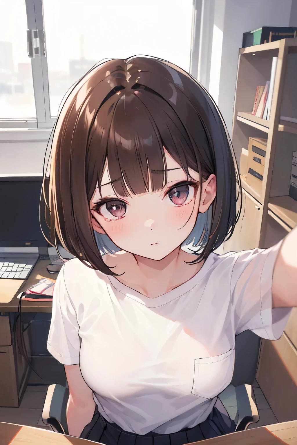 frame in, from right in front of face and body, view straight on, upper body, High quality, very high res, High quality, cute girl, brown hair, forehead, blunt bangs, bob cut, blush, Brushed up bangs, (white wearing a plain t-shirt), small breasts, upright, pleated skirt, work desk, sitting in a work chair, (girls arms behind backa:1.2), (pov hands:1.4), (clothed breast touch:1.2), (guiding hand), at office