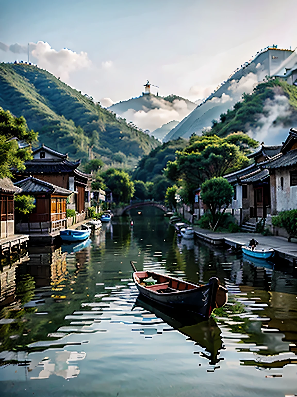 there is a black and white photo of a village by the water, by Yi Jaegwan, by Cheng Zhengkui, chinese village, by Li Zai, dreamy chinese town, bo xun ling, by Wang Jian, by Gu An, by Shi Zhonggui, fan ho photography, by Shi Rui, by Jan Kupecký