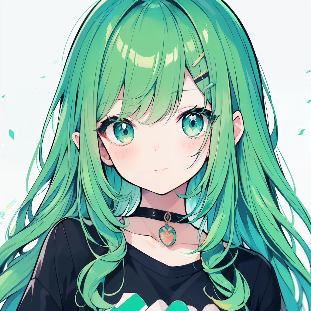 Close up portrait of a person with green hair and black shirt, cute girl anime visual, cute anime girl, anime girl with teal hair, anime girl, an anime girl, young anime girl, cute anime style, anime style. 8k, anime style, portrait of cute anime girl, anime moe art style, cute anime girl portrait, anime art style