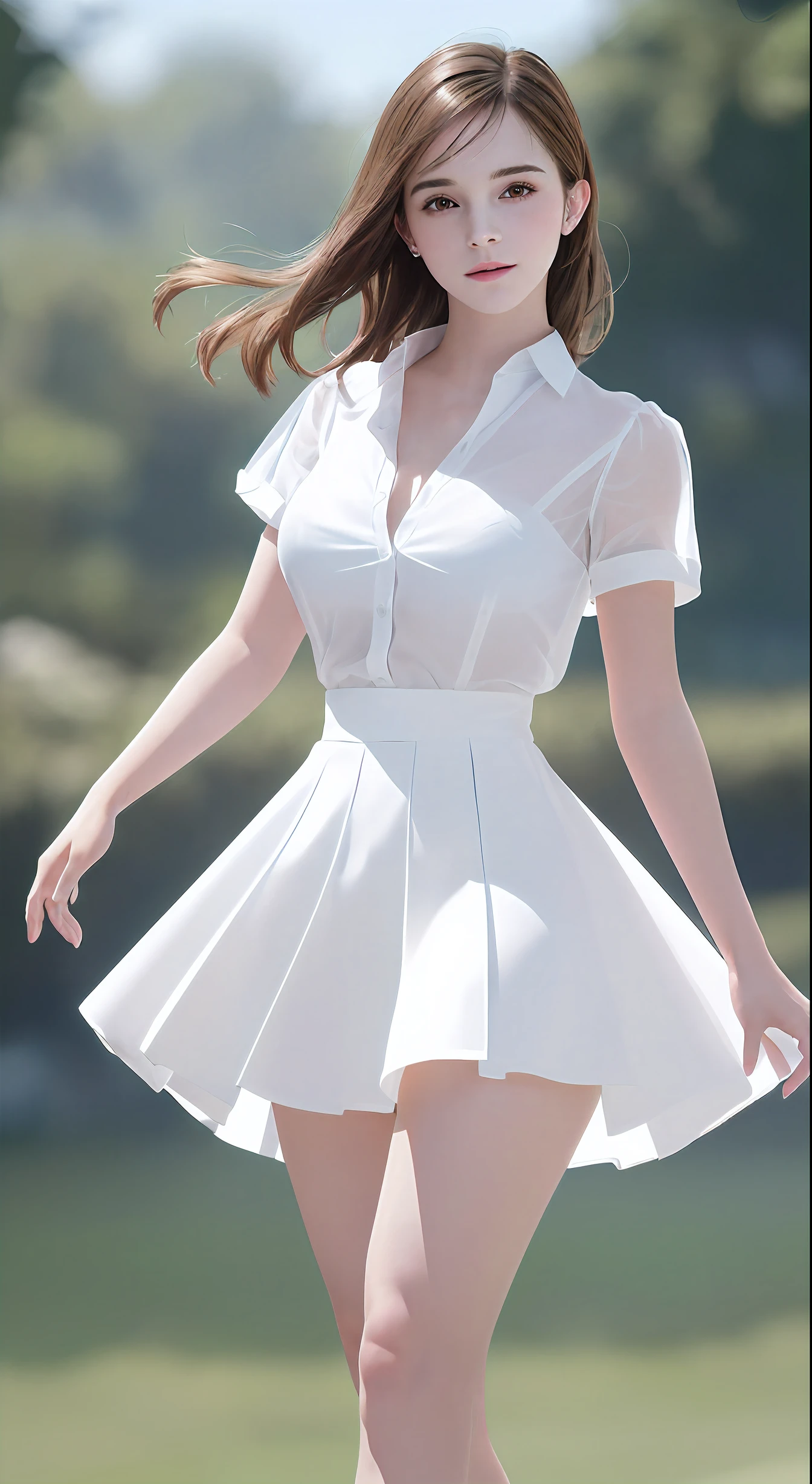 Full body beautiful Emma Watson young woman super high portrait , (highest quality, 8k, 32K, ultra highMasterpiece, Hmm:1.2), 1 girl, (huge breasts:1.2), Super hyper perfect body), (White Transparent Hyper Short Mini Shirt :1.2), Ultra-high detailed face, super high detailed lips, super high detailed eyes, double eyelid, (ultra highest realistic:1.3), ultra high resolution), (Ultra high realism photorealistic), (highest quality), (super high realism), (Super high photorealistic:1.37), (Super whitening skin), (super high perfect beautiful) (medium hair),(ultra high detailed legs), visible stomach, (1 female), White transparent hyper short mini skirt, visible bust breast, Upskirt, smile pose