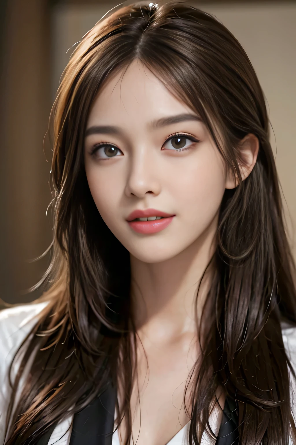 table top, highest quality, realistic, Super detailed, finely, High resolution, 8k wallpaper, 1 beautiful woman,, light brown messy hair, wearing a business suit, sharp focus, perfect dynamic composition, beautiful and detailed eyes, thin hair, Detailed realistic skin texture, smile, close-up portrait, model body shape