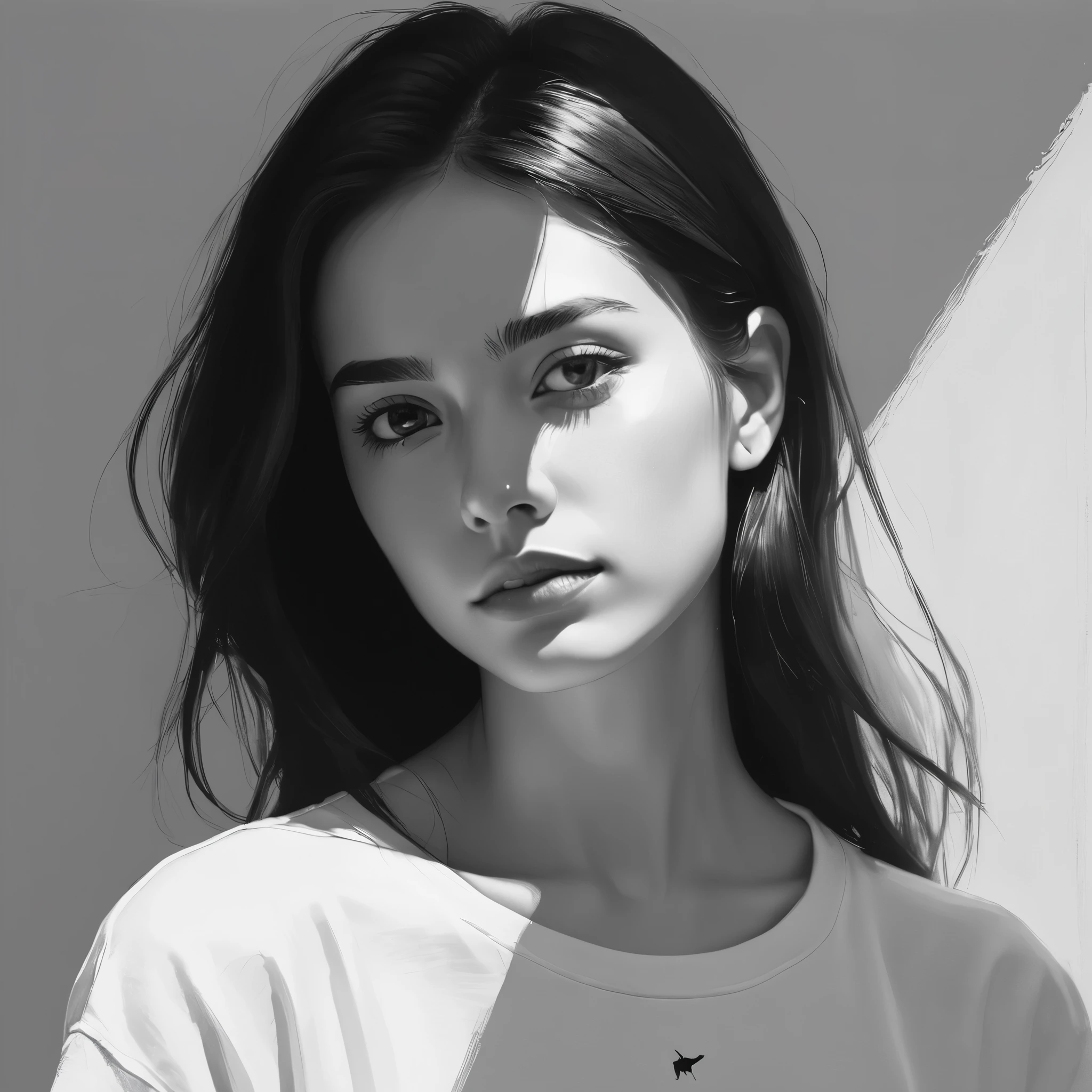 (Minimalism:1.5)，portrait，(Black and white sketch painting)，simple composition，1 girl,20 year old girl, There is light on the face, t-shirt