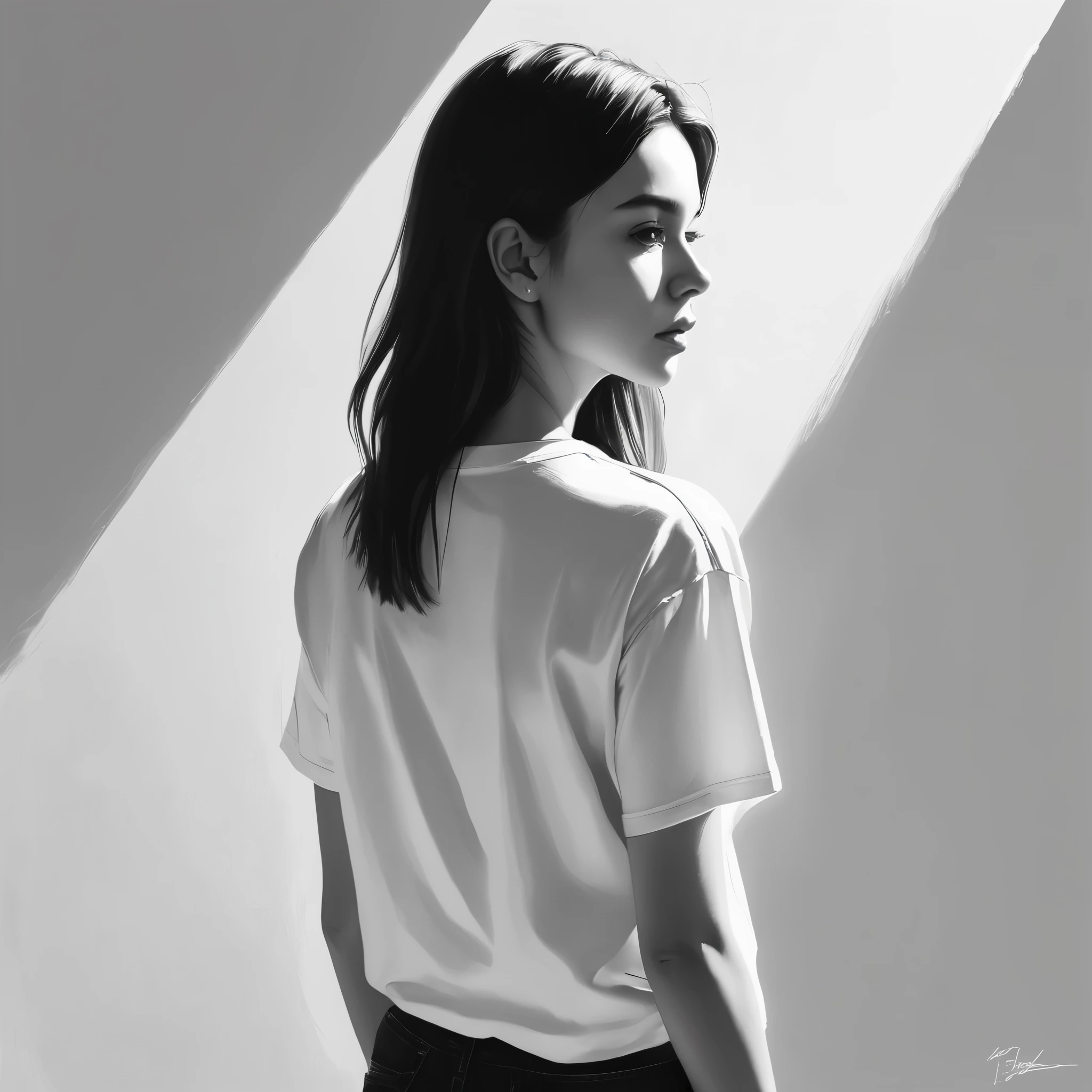(Minimalism:1.5),Portraits,(Black and white sketch painting),Simple composition,1 girl,20 year old girl, There is light on the face, t-shirt,back view