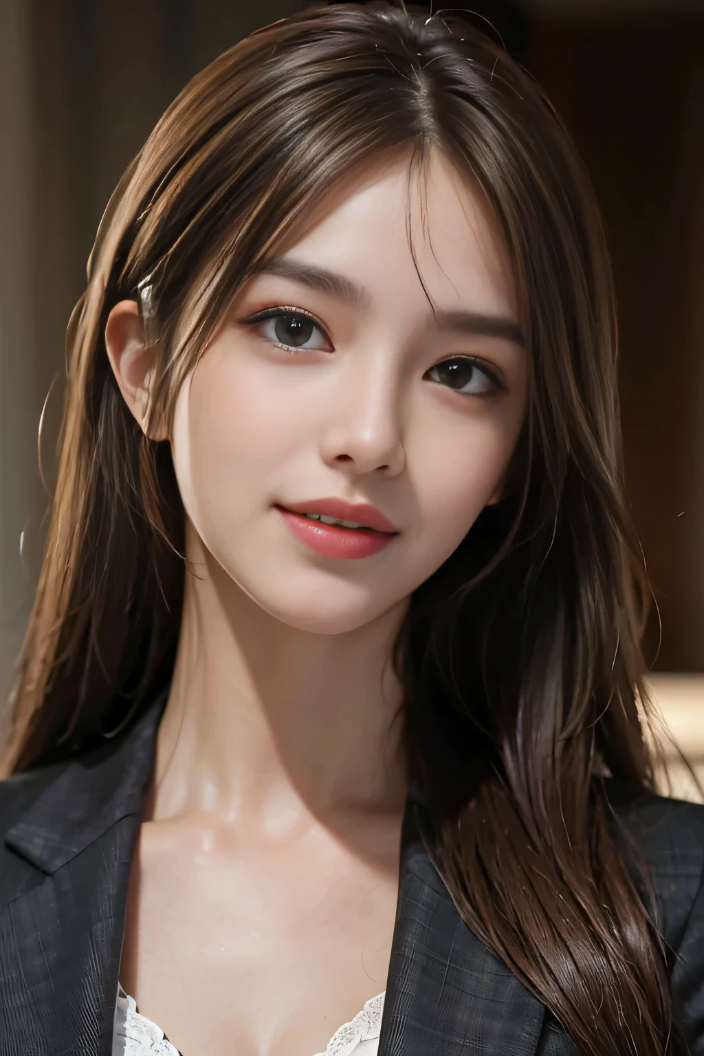 table top, highest quality, realistic, Super detailed, finely, High resolution, 8k wallpaper, 1 beautiful woman,, light brown messy hair, wearing a business suit, sharp focus, perfect dynamic composition, beautiful and detailed eyes, thin hair, Detailed realistic skin texture, smile, close-up portrait, model body shape