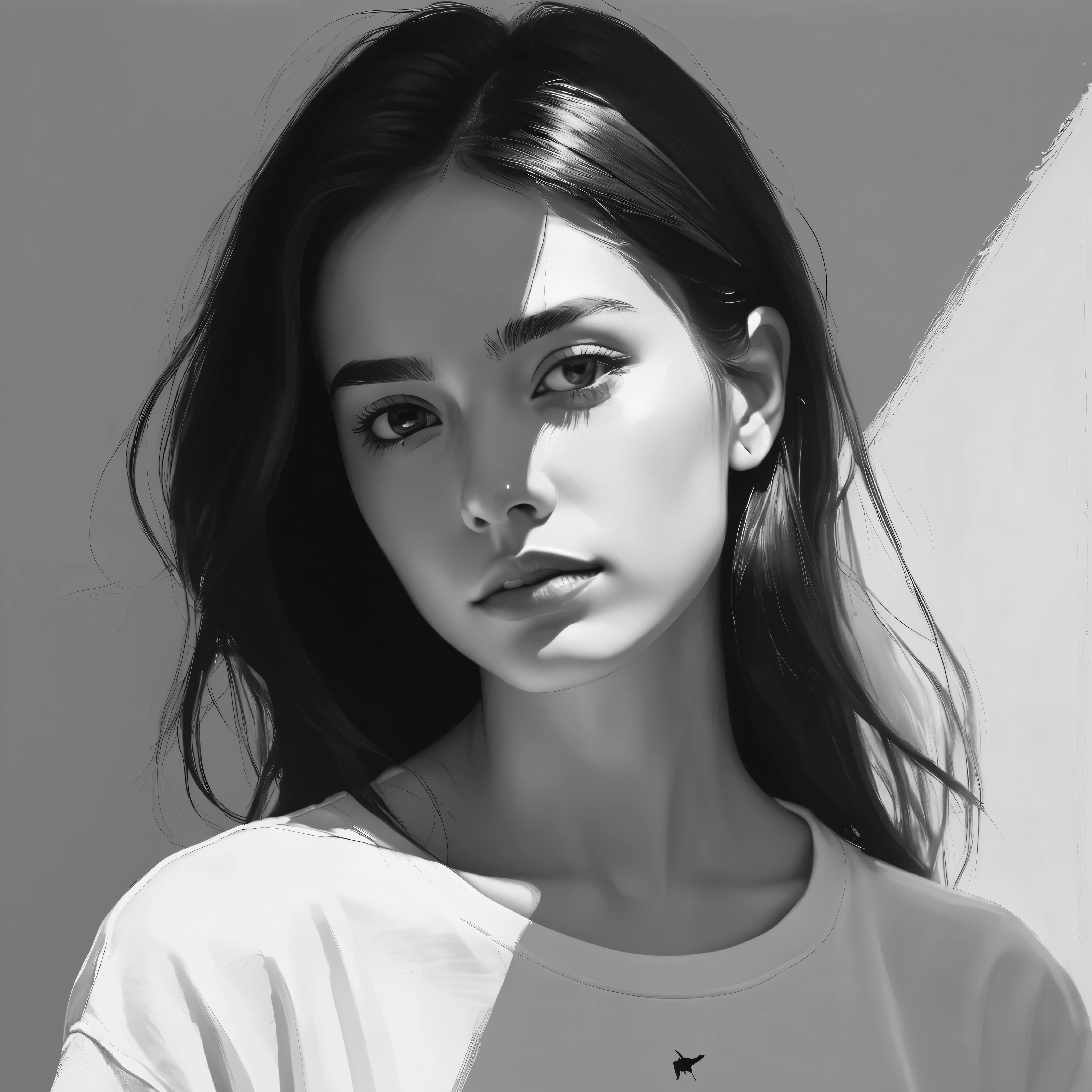 (Minimalism:1.5)，portrait，(Black and white sketch painting)，simple composition，1 girl,20 year old girl, There is light on the face, t-shirt，Rich expressions