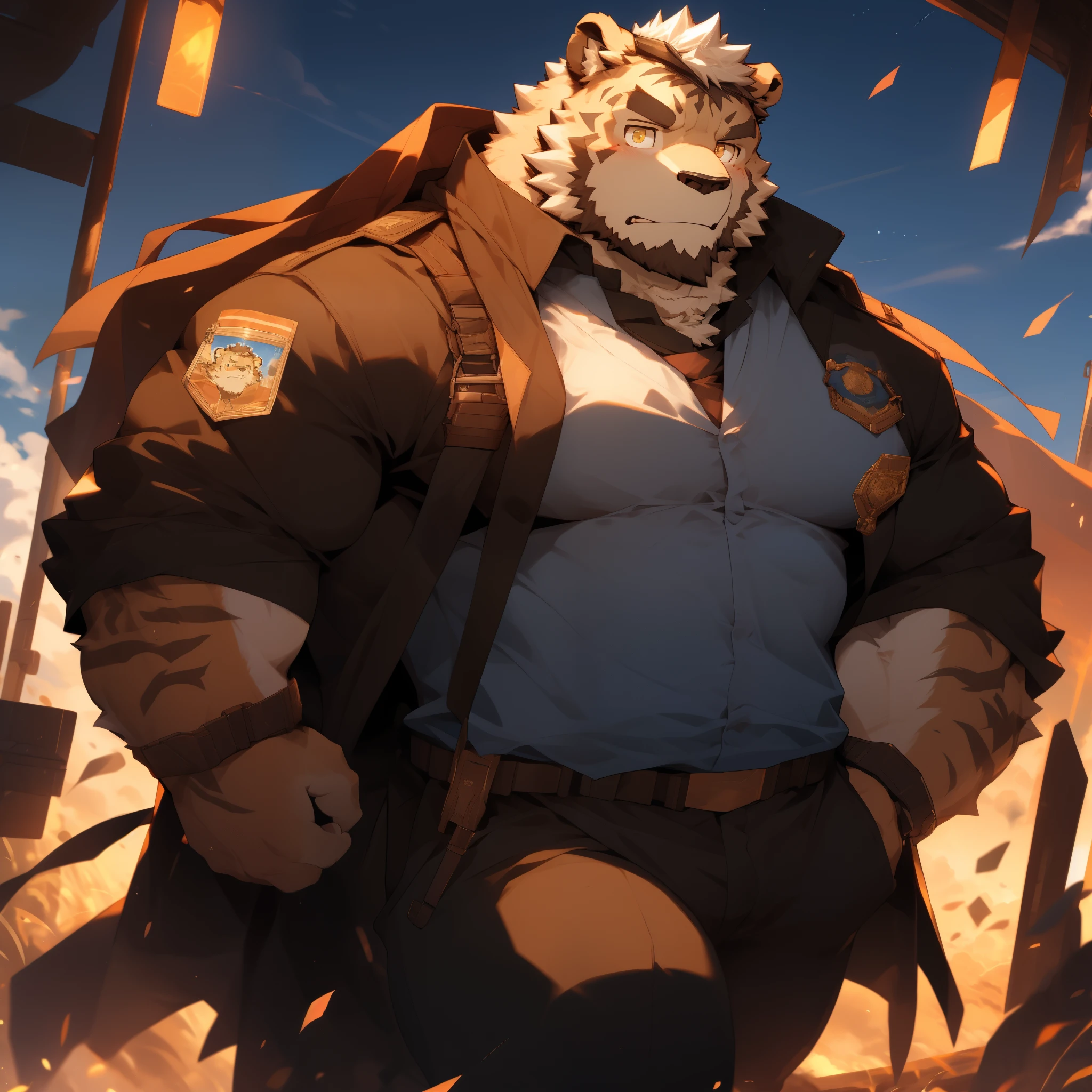 masterpiece,night,anthropomorphic bear,(((white hair))),male,26 years old,thick eyebrows,Light-colored fur,Strong body,Large pecs,(((Future mecha,special forces uniform,modern weapons,))),站在battlefield上,Adjust weapons,dark night,light,Legs sweat,serious,Emotional stress,looking towards the viewer,eye contact,golden pupils,big eyes,Strong,在战火蔓延的battlefield上,Full body image,The sky is clouded over,cloudy day,battlefield,Broken viewing platform,战争侵略的battlefield,(((background:battlefield1.5))),(((Detailed character description))),
