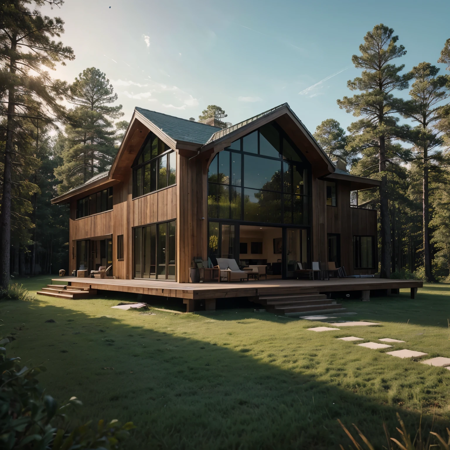 beautiful two-story house ultra realistic, minimalist ultra realistic, wooden floors ultra realistic, green grass ultra realistic, stone walls ultra realistic, at sunset ultra realistic, interior lights ultra realistic, built in an forest ultra realistic, trees and pines ultra realistic, ultra realistic windows, ultra realistic doors, ultra realistic