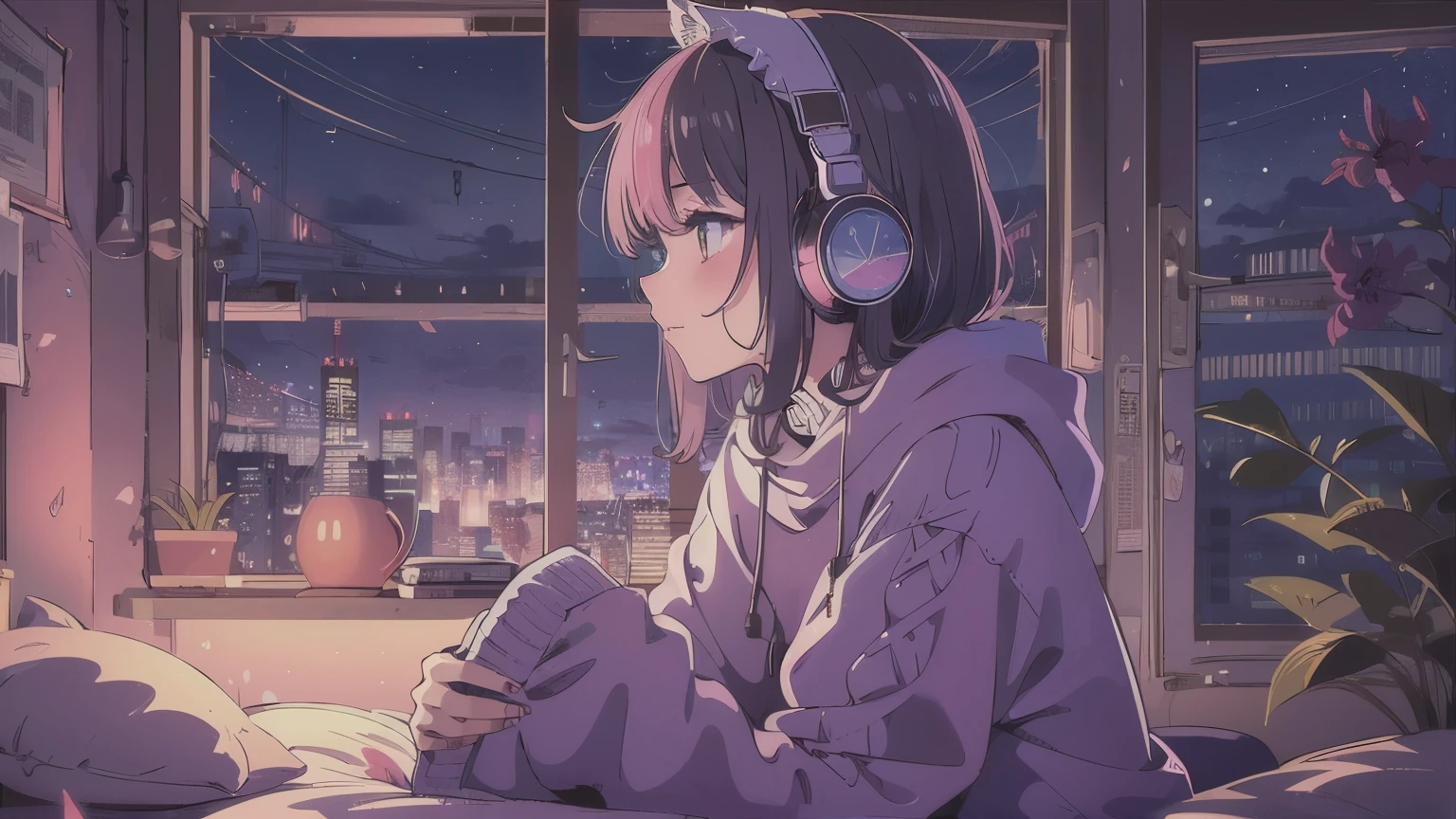 A detailed anime girl, wearing a large sweater, wearing headband headphones, lofi, tranquil, quiet vibes, chilling, in her bedroom looking at the window, night, quiet night, cat, masterpiece, best quality