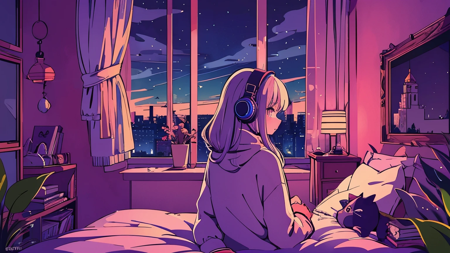 A detailed anime girl, wearing a large sweater, wearing headband headphones, lofi, tranquil, quiet vibes, chilling, in her bedroom looking at the window, night, quiet night, cat, masterpiece, best quality