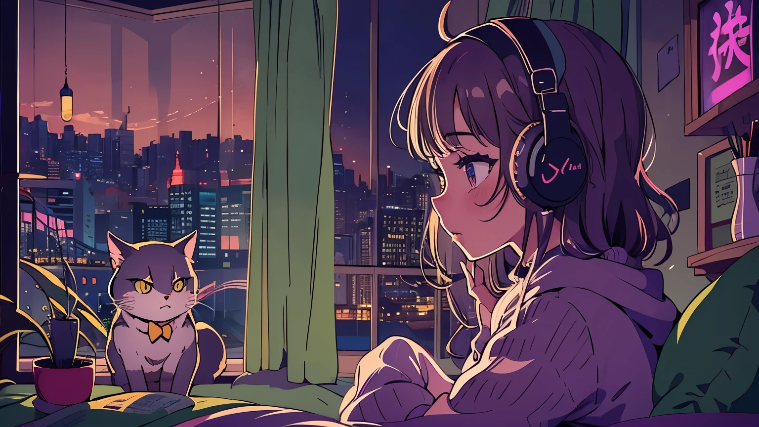 A detailed anime girl, wearing a large sweater, wearing headband headphones, lofi, tranquil, quiet vibes, chilling, in her bedroom looking at the window, night, quiet night, cat, masterpiece, best quality