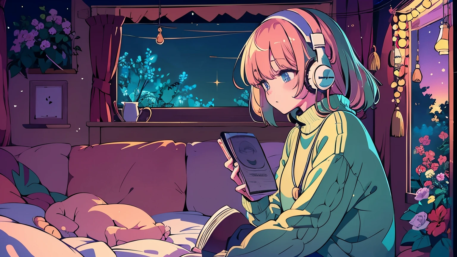 A detailed anime girl, wearing a large sweater, wearing headband headphones, lofi, tranquil, quiet vibes, chilling, in her bedroom looking at the window, night, quiet night, cat, masterpiece, best quality
