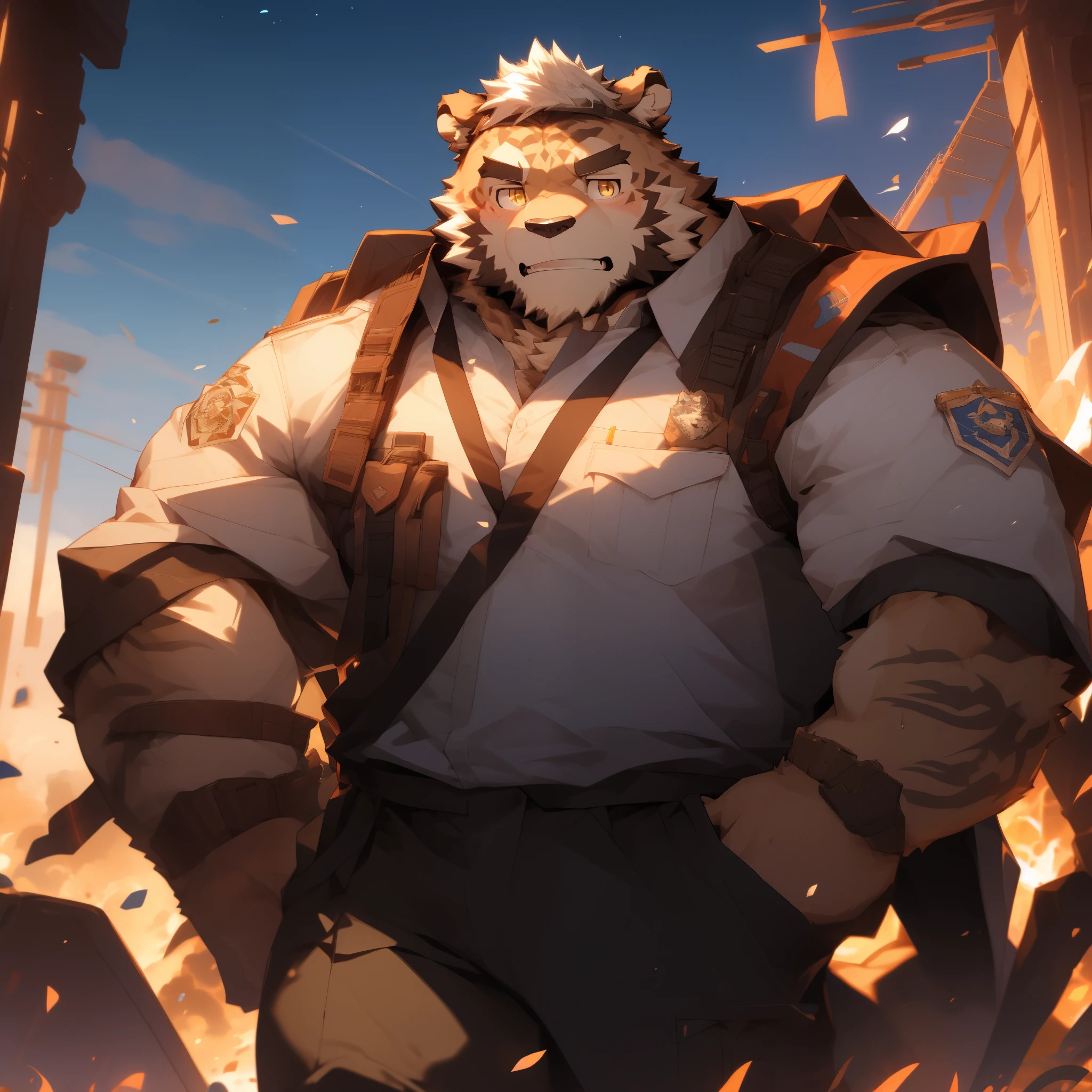 masterpiece，night，anthropomorphic bear，（（（white hair））），male，26 years old，thick eyebrows，Light-colored fur，Strong body，Large pecs，（（（Future mecha，special forces uniform，modern weapons，））），站在battlefield上，Adjust weapons，dark night，light，Legs sweat，serious，Emotional stress，looking towards the viewer，eye contact，golden pupils，big eyes，Strong，在战火蔓延的battlefield上，Full body image，The sky is clouded over，cloudy day，battlefield，Broken viewing platform，战争侵略的battlefield，（（（background：battlefield1.5））），（（（Detailed character description））），