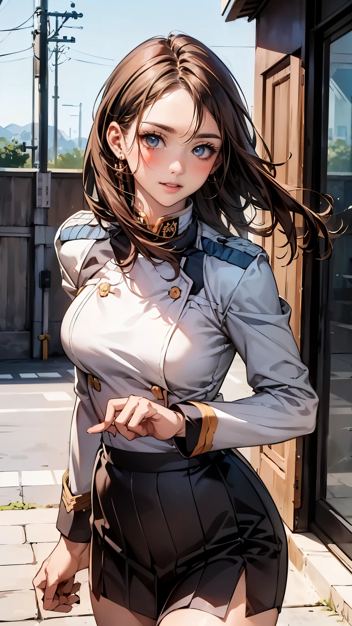 (masterpiece:1.2, highest quality), (realistic, photorealistic:1.4), beautiful illustrations, (natural side lighting, movie lighting),
looking at the viewer, Upper body, (Front view), ((1 female:1.4)), Japanese, perfect face, Cute symmetrical face, shiny skin, , long eyelashes, (big breasts, tight waist),
beautiful hair, beautiful face, thin and beautiful eyes, beautiful body, beautiful breasts, beautiful thighs, beautiful feet, beautiful fingers,
(beautiful scenery), (cute smile), (medium brown hair:1.6), yellow eyes、white skin、(Self-Defense Officer Uniforms:1.9), (Look at the viewer while blushing:1.3)