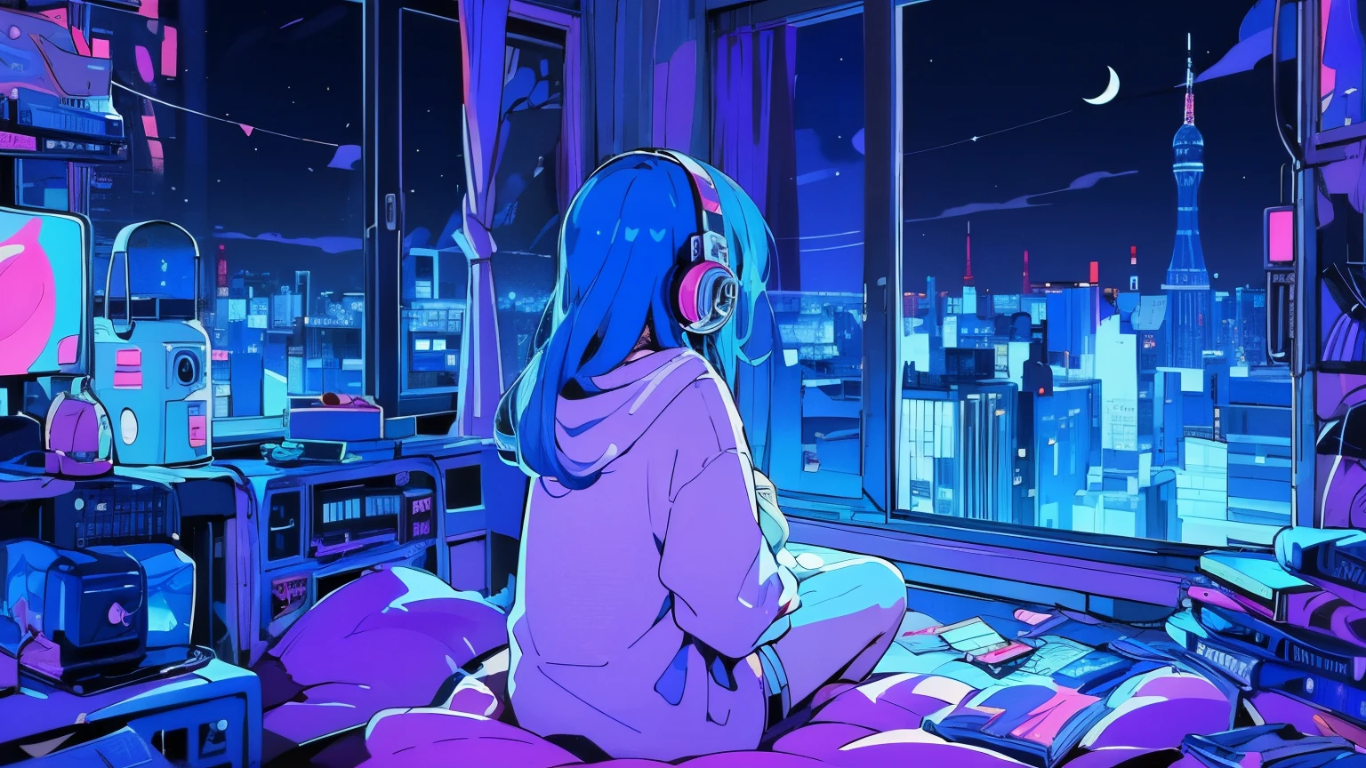 (from behind), Anime girl sitting in front of a computer in a cozy bedroom, girl listening to music in a cozy room (night), Using headphones, on the roof, (beautiful night views from windows), lots of things, 2D anime style, The aesthetics of anime in the 90s, lo-fi, very detailed, hard disk, A mix of anime style and Fujifilm, surreal, 8k, masterpiece