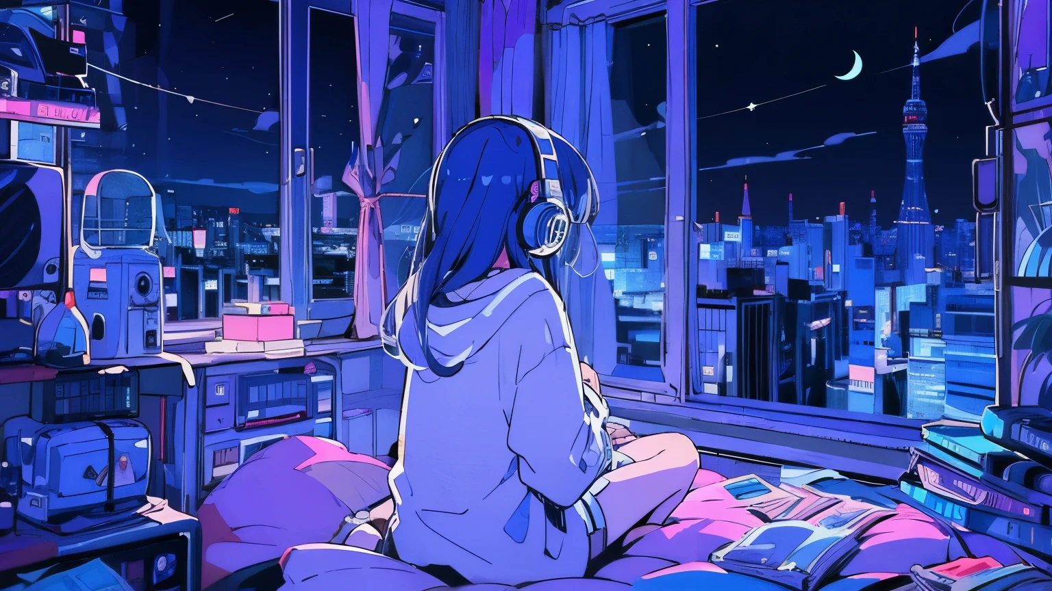 (from behind), Anime girl sitting in front of a computer in a cozy bedroom, girl listening to music in a cozy room (night), Using headphones, on the roof, (beautiful night views from windows), lots of things, 2D anime style, The aesthetics of anime in the 90s, lo-fi, very detailed, hard disk, A mix of anime style and Fujifilm, surreal, 8k, masterpiece