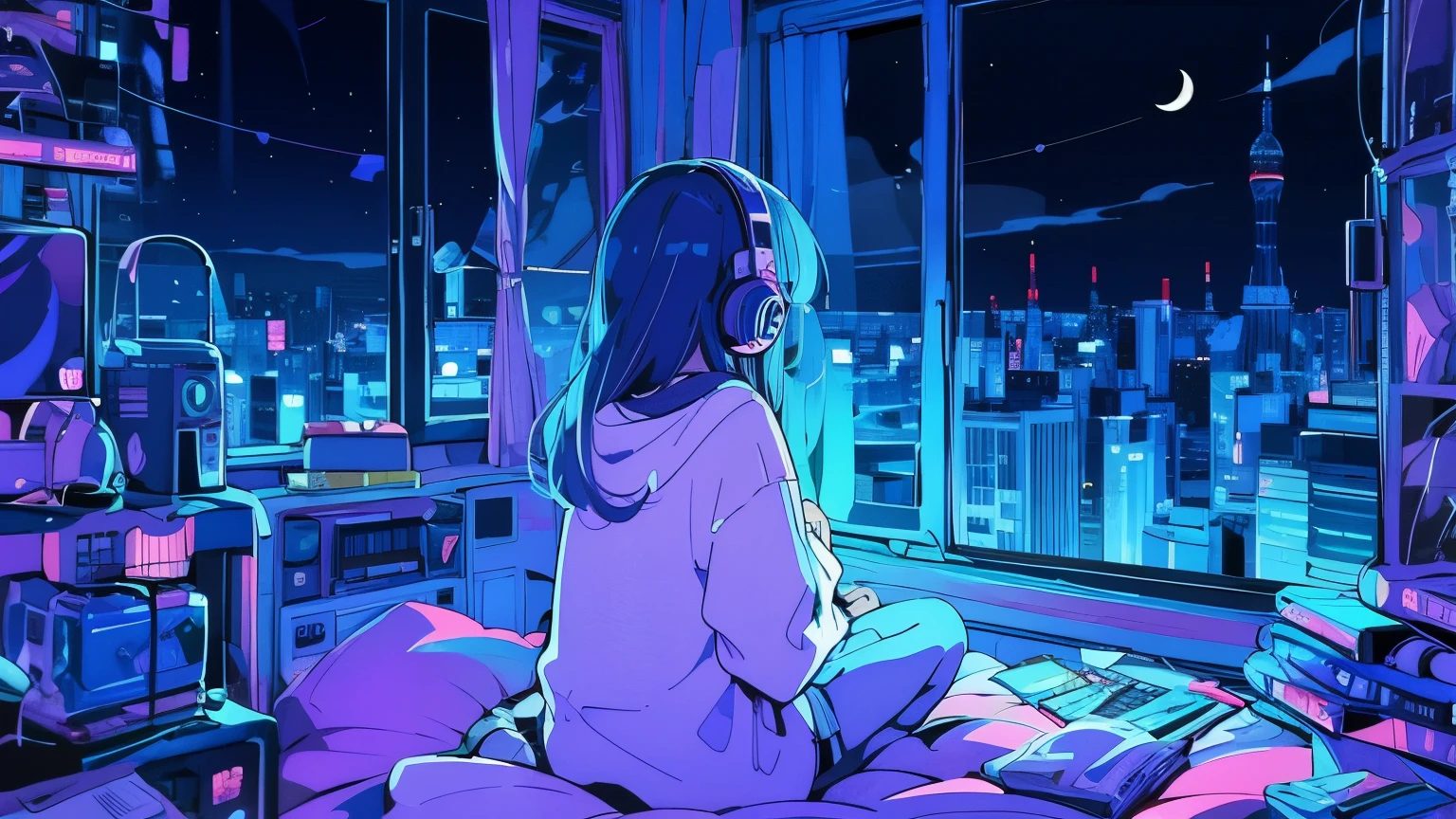 (from behind), Anime girl sitting in front of a computer in a cozy bedroom, girl listening to music in a cozy room (night), Using headphones, on the roof, (beautiful night views from windows), lots of things, 2D anime style, The aesthetics of anime in the 90s, lo-fi, very detailed, hard disk, A mix of anime style and Fujifilm, surreal, 8k, masterpiece