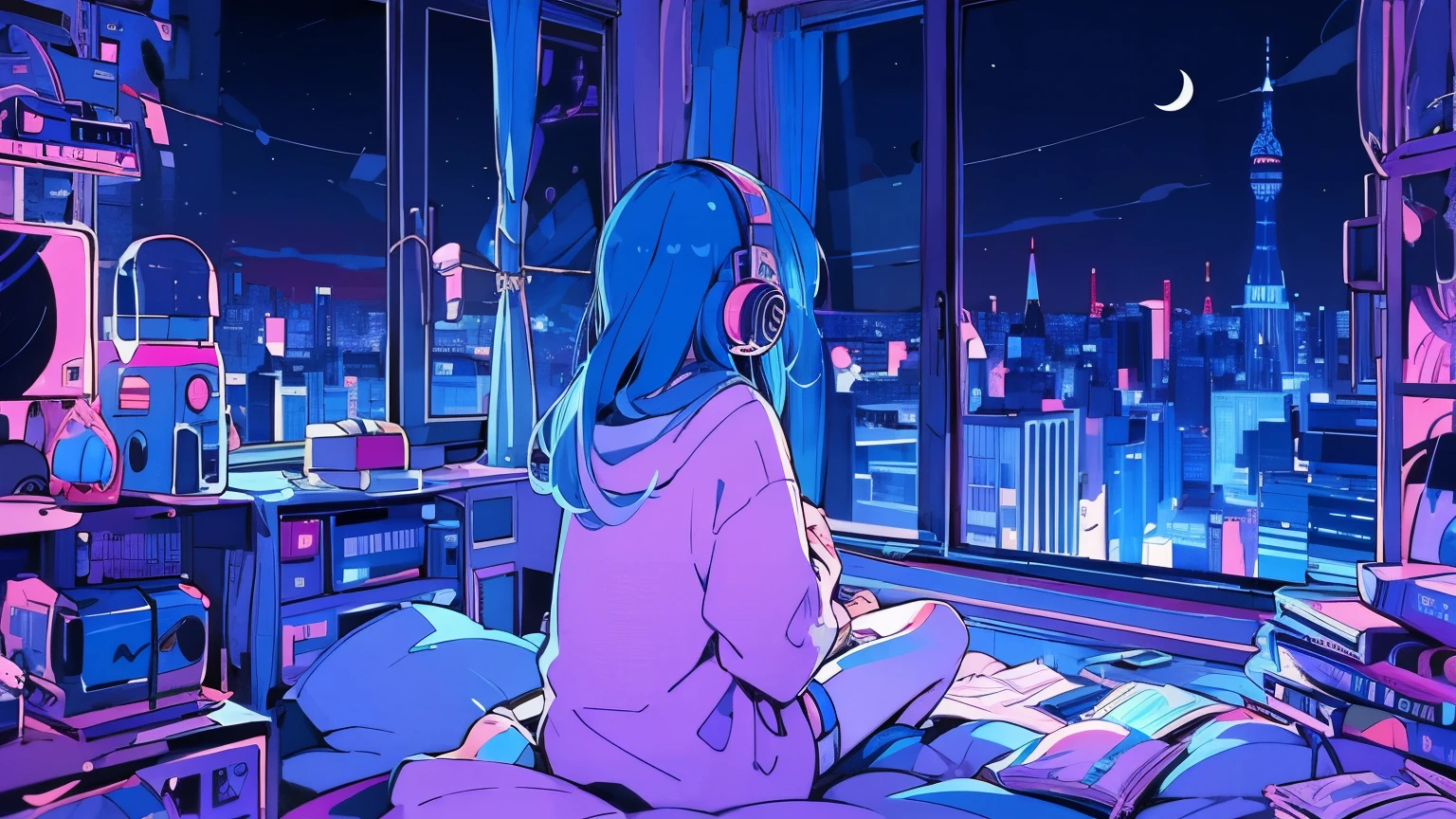 (from behind), Anime girl sitting in front of a computer in a cozy bedroom, girl listening to music in a cozy room (night), Using headphones, on the roof, (beautiful night views from windows), lots of things, 2D anime style, The aesthetics of anime in the 90s, lo-fi, very detailed, hard disk, A mix of anime style and Fujifilm, surreal, 8k, masterpiece