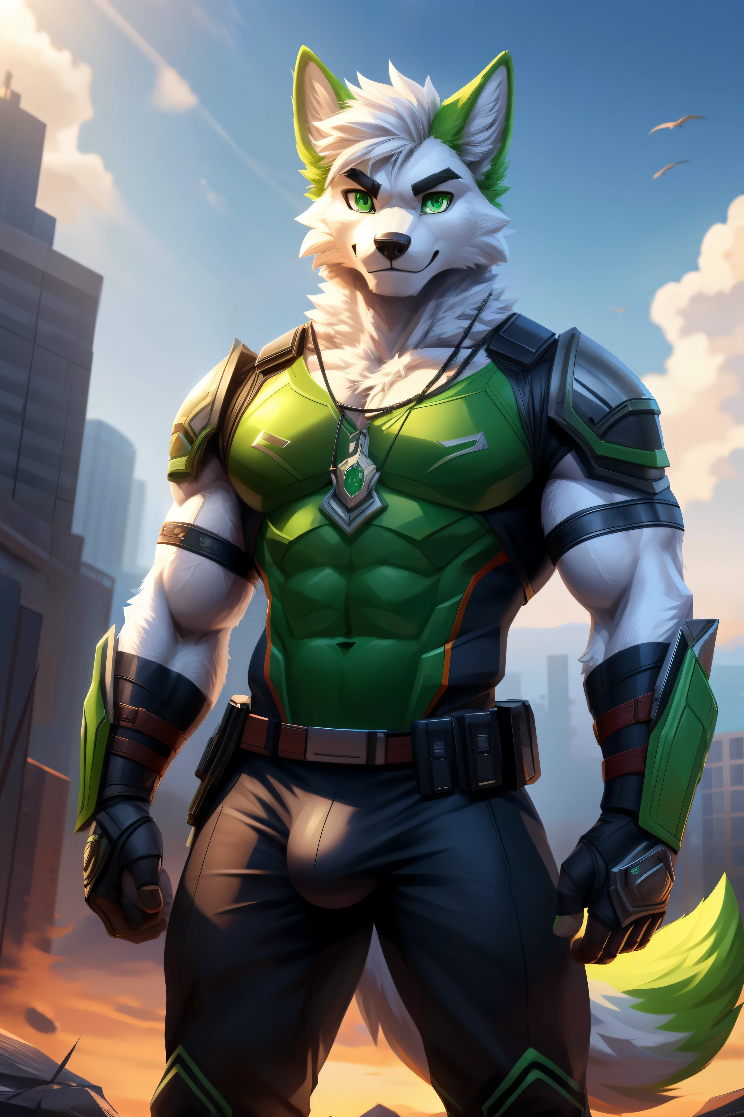 solo,anthro,furry,furry male, White Fox ((fluffy fur,fluffy,furry body)),Full Body,Muscular, Bara, Very Tall Athletic, Green eyes,((bright green eyes)), Green tail tip, Green ear tips,Short Messy Hair, White hair,String Necklace, Green Pendant, Wrist guards, Ankle Guards, Nano Armor, Smirking Expression, Looking at viewer, standing pose, arms crossed, Wearing Black shirt, Black pants, Outdoors,Looming over, battleground scene, Detailed clothes,pants bulge, Detailed face, (masterpiece, high quality,hi-res,8k had), High Resolution, High Detail,